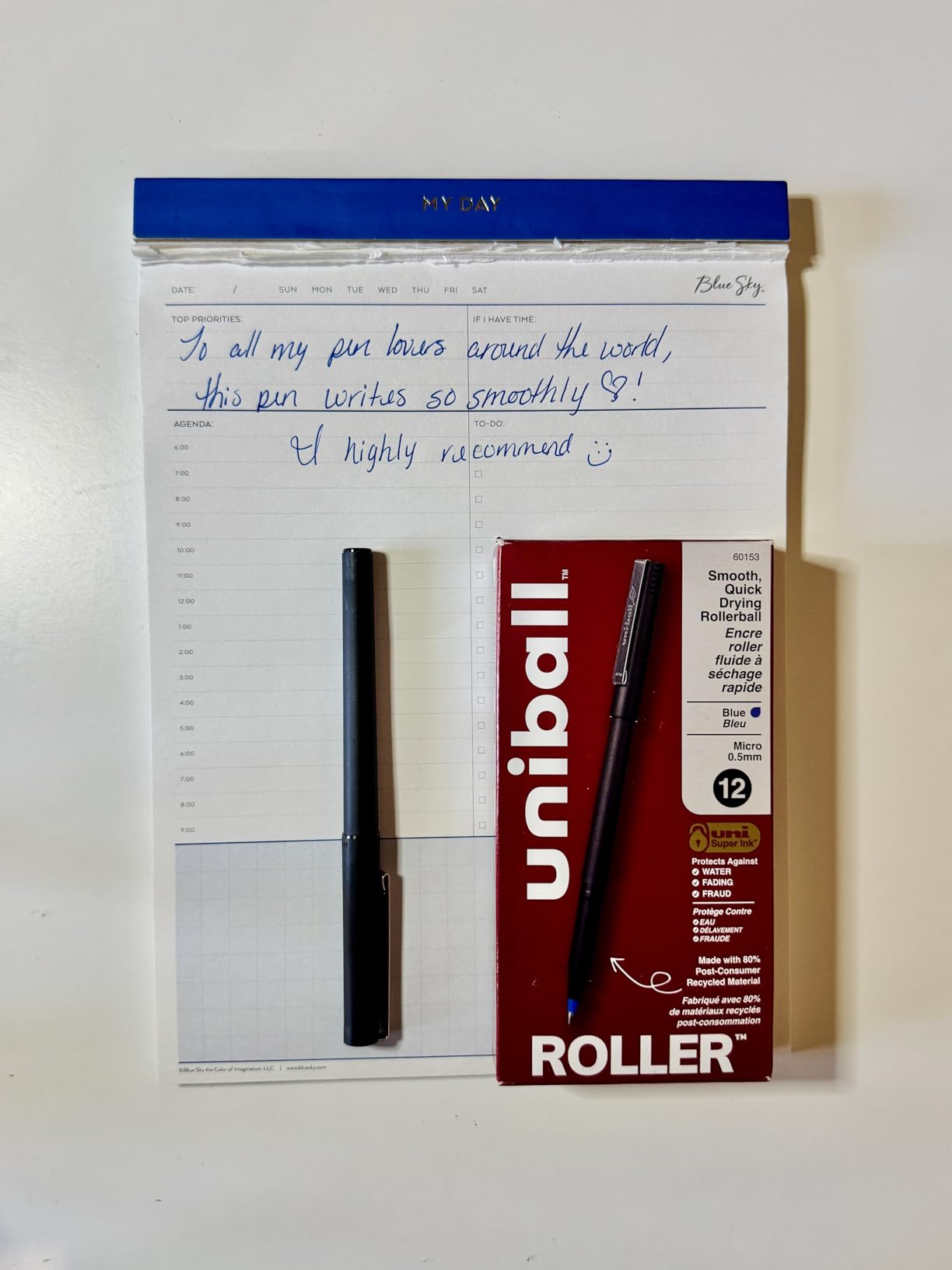 uni-ball Roller Rollerball Pens, Micro Point (0.5mm), Blue, 12 Pack | Quick-drying precise strokes, acid-free archival ink, protects against water, fading & fraud, 80% recycled materials customer photo 1