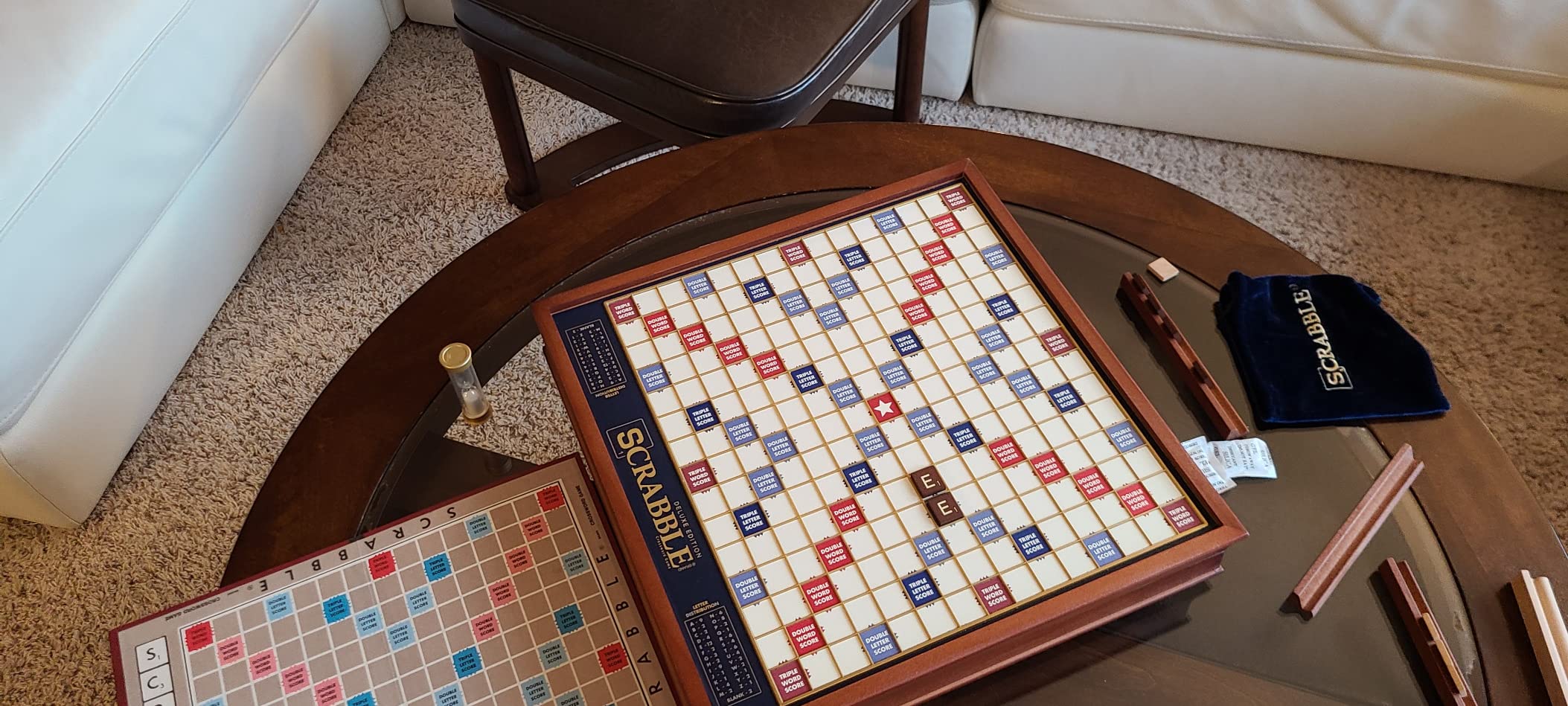 WS Game Company Scrabble Deluxe Edition Rotating Wooden Cabinet Board Game | Classic Word Game, Rotating Turntable, Raised Tile Grid, Built-in Storage, Wood Tiles, 2-4 Players, Adults and Kids 8 and Up customer photo 1