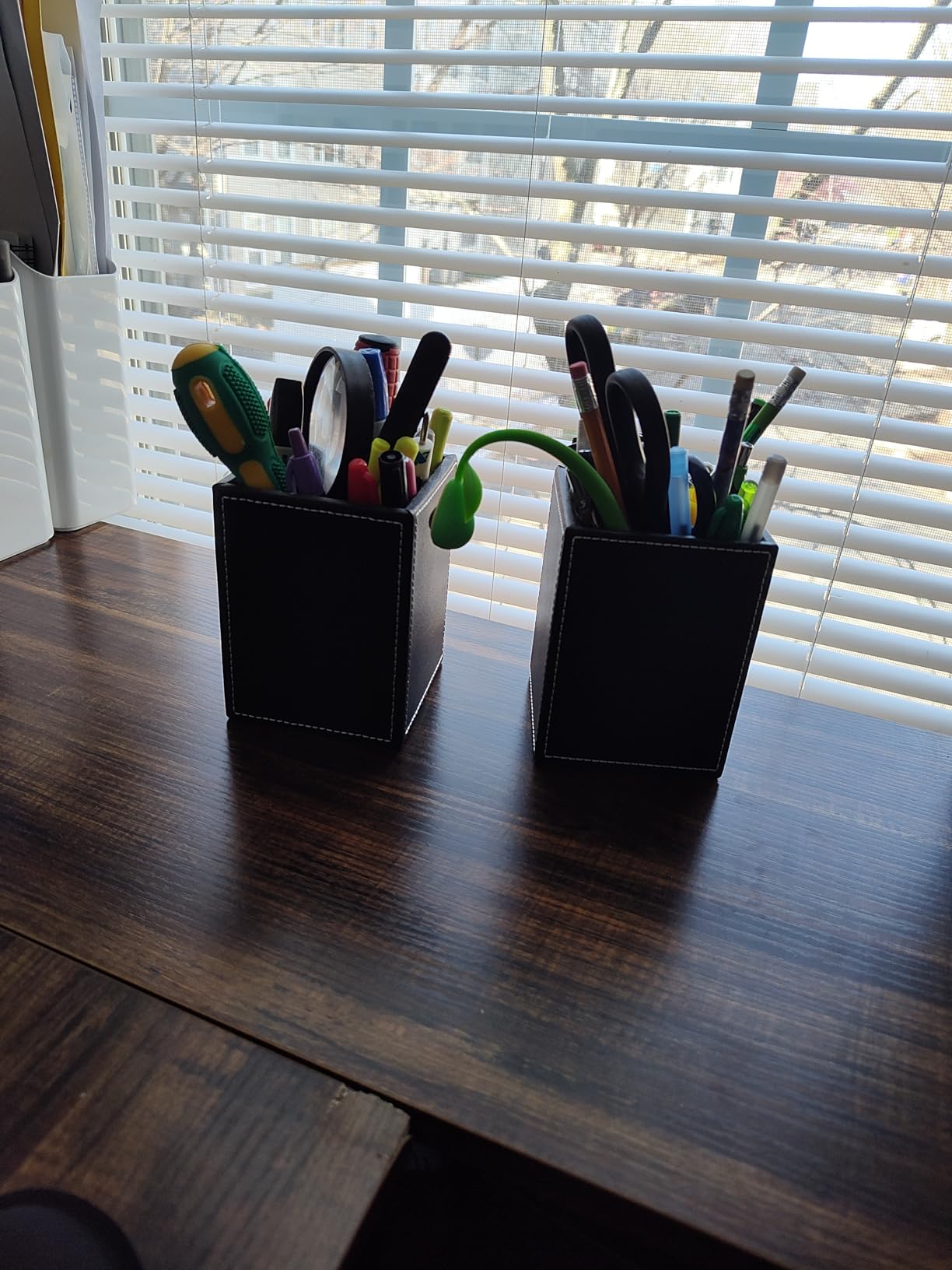 KINGFOM Double Holder Leather Multi-Function Desk Stationery Organizer Pen Pencil Holder Black customer photo 1