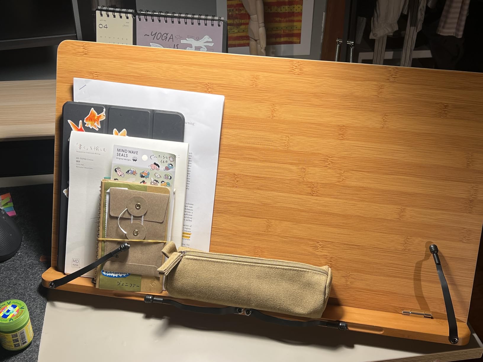 wishacc Bamboo Book Stand, Adjustable Book Holder Tray and Page Paper Clips - Cookbook Reading Desk Portable Stable Hard-Wearing Lightweight Bookstand customer photo 1