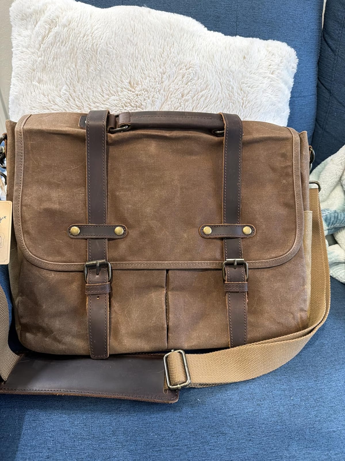 NEWHEY Mens Messenger Bag 15.6 Inch Business Office Work Briefcase Brown | Waterproof, Vintage Genuine Leather, Waxed Canvas, Large Satchel Shoulder Bag, Rugged Leather Computer Laptop Bag customer photo 1