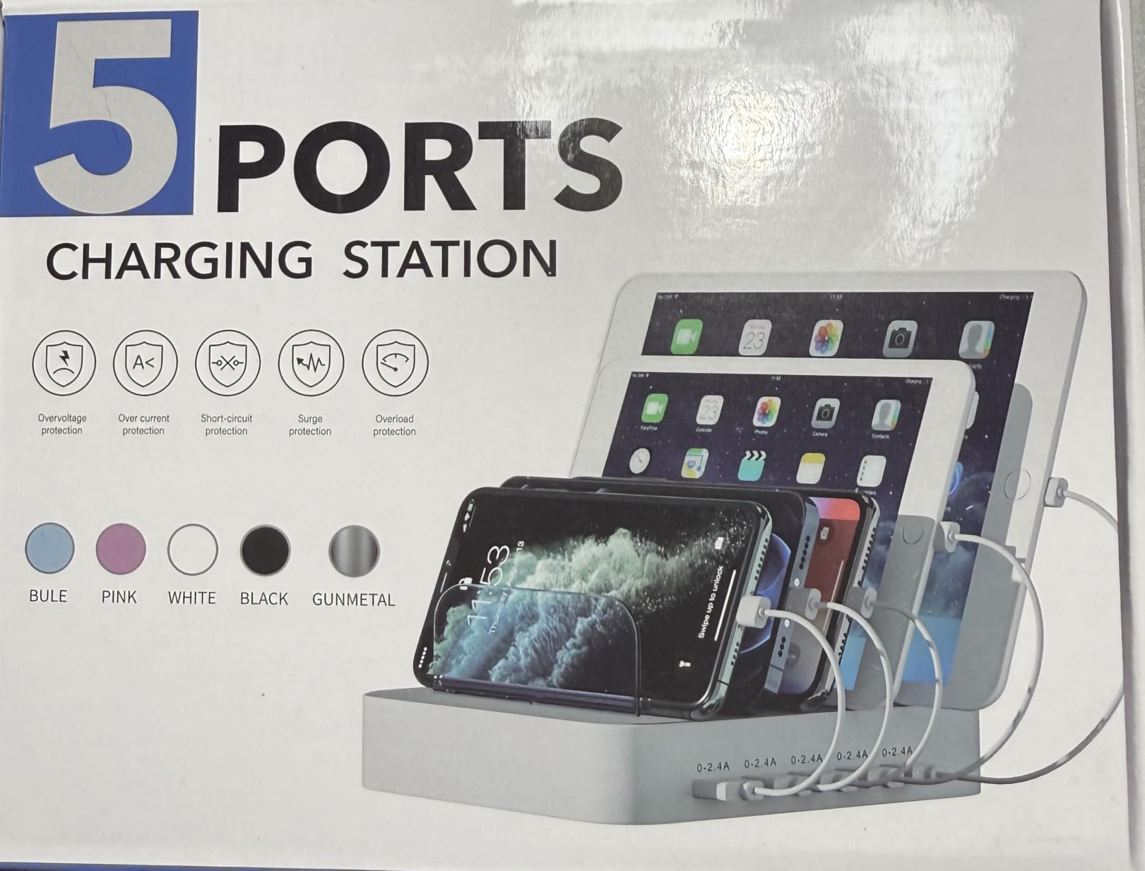 MSTJRY Charging Station for Multiple Devices: 5 Port Multi USB-A Charger Stations Multi-Device Organizer Charging Dock Designed for iPhone iPad Cell Phone Tablets (7 Short Cables Included) customer photo 1