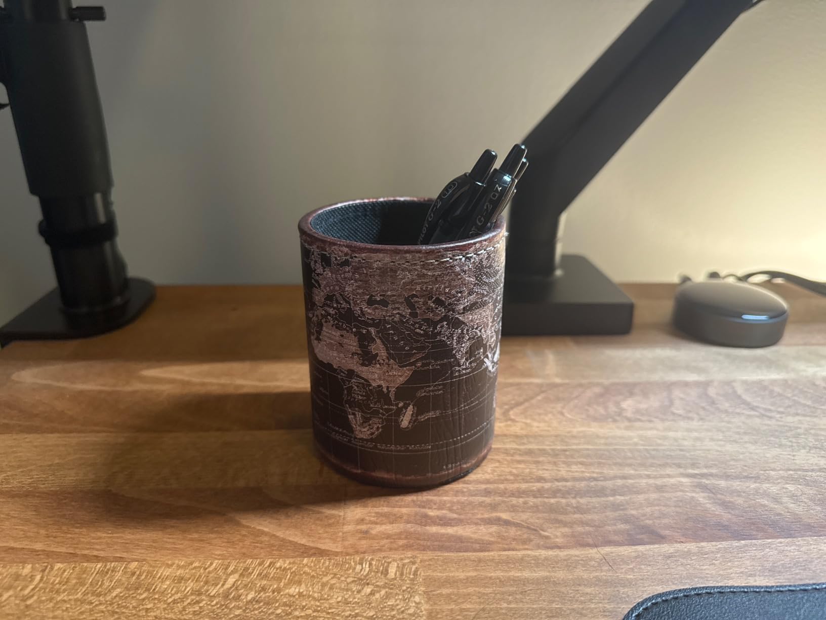 Black World Map Pencil Holder for Desk, PU leather Pencil Cup, Globe Pen Holder for Desk Office Supply Organizer PH46 customer photo 2