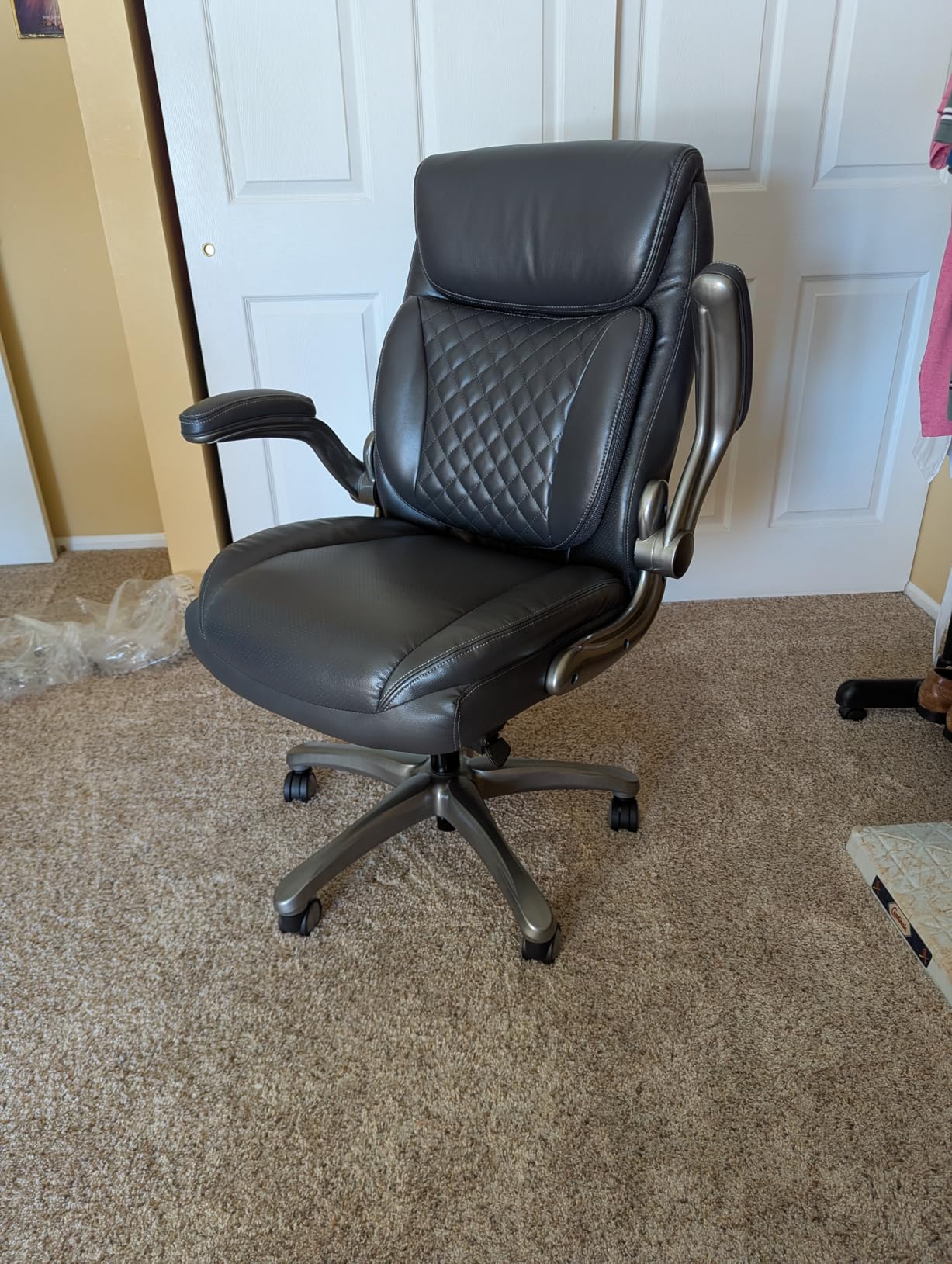 Amazon Basics Ergonomic Executive Office Desk Chair with Lumbar Support, Flip-up Armrests, Adjustable Height, Cream Leather customer photo 1