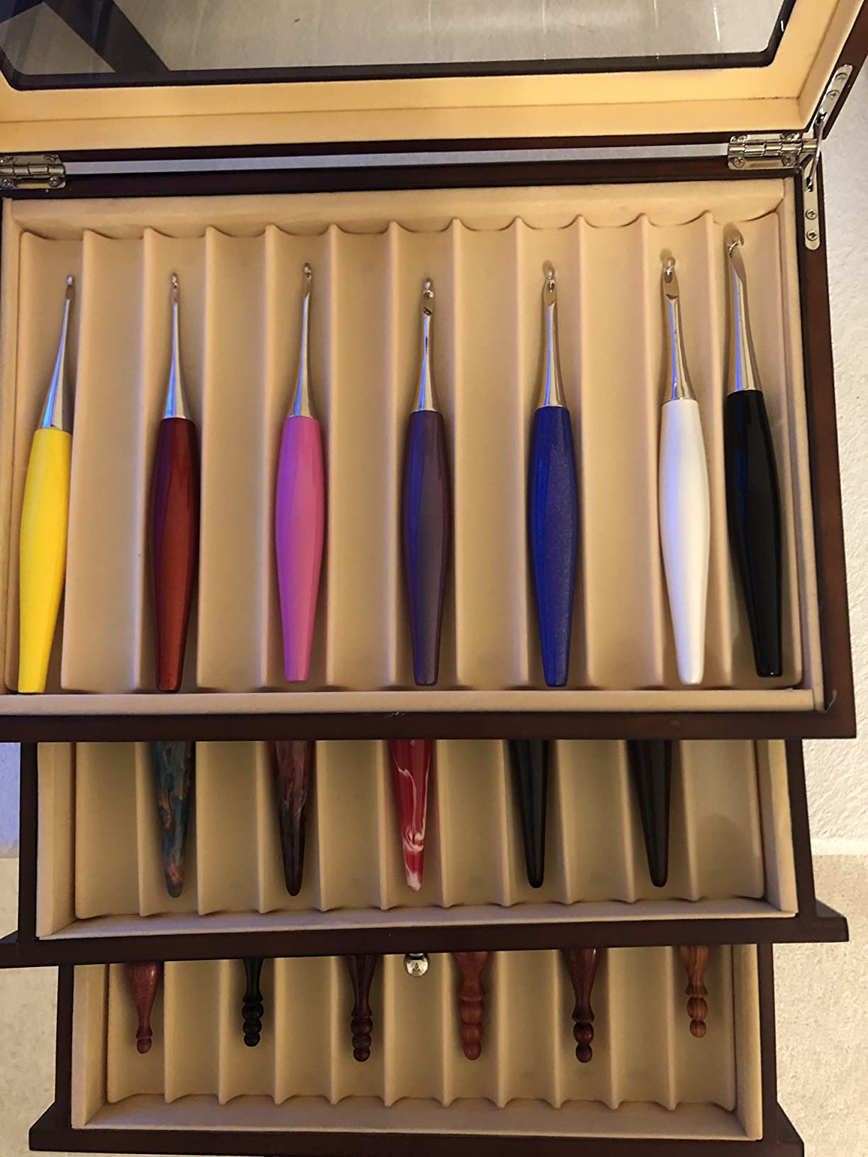 34 Pieces Sandalwood Wood Pen Box, 3 Levels with Drawers Fountain Display Organizer Box with Glass Window Gift for Friend (Black red) customer photo 1