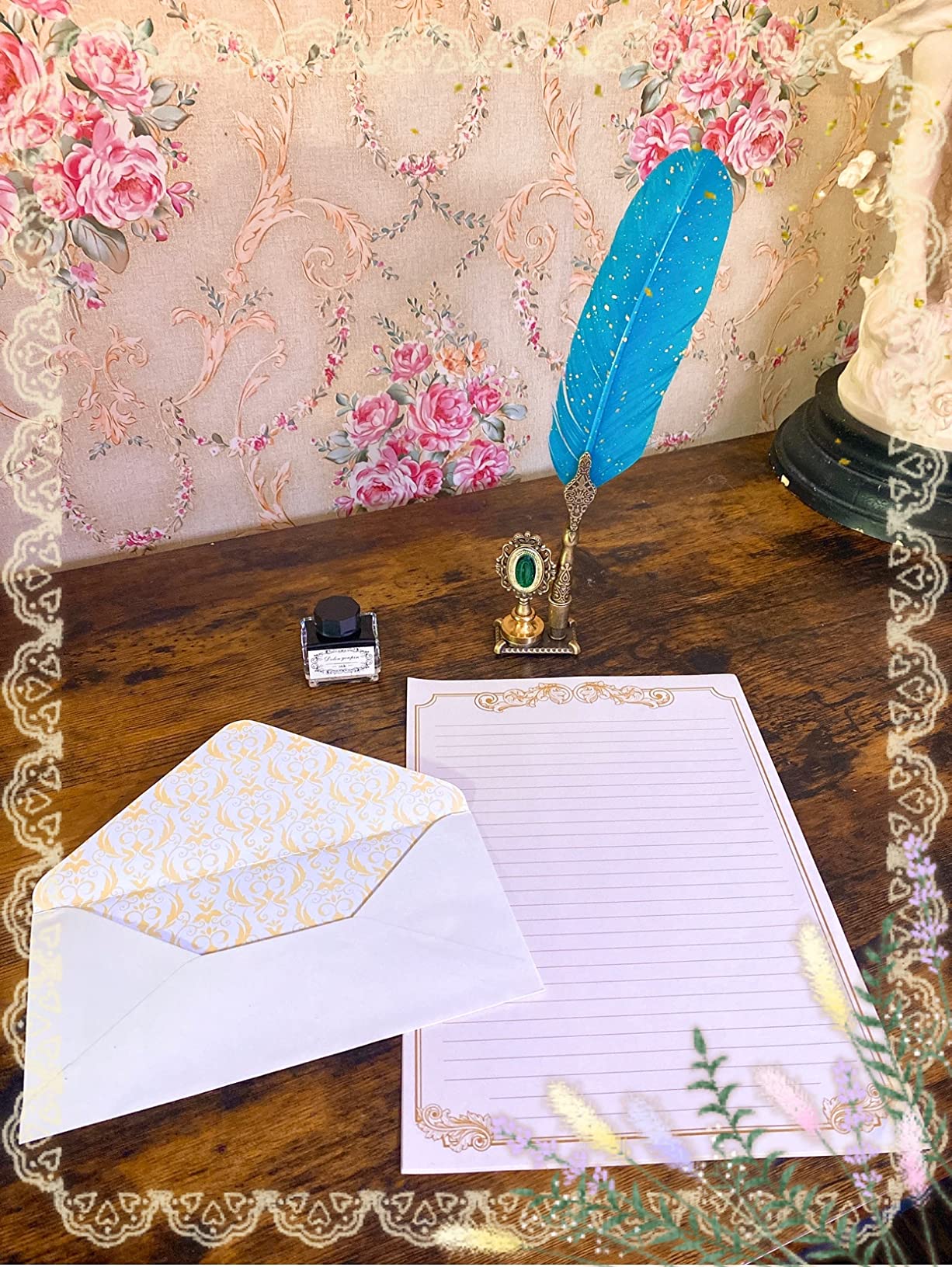 Paper Junkie Letter Paper & Envelopes Set - 60 Sheets (7.2 x 10.2 In) & 30 Ivory Envelopes (4 x 7.7 in), Gold Border, 100 GSM - Vintage Lined Stationery for Love Letters & Invitations customer photo 2