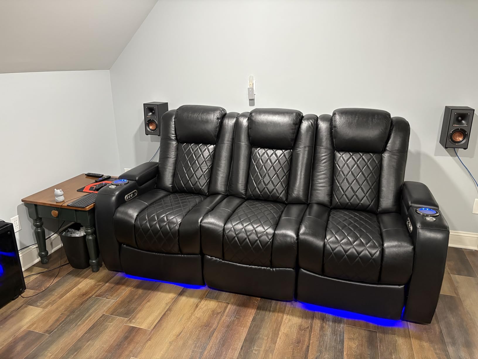 Valencia Home Theater Seating Tuscany 2025 3-Seat Power Recliner with Center Console - Top Grain Nappa 11000 Leather, Cool Gel Memory Foam, USB-C/A Charging, RGB Lights (Midnight Black) customer photo 1