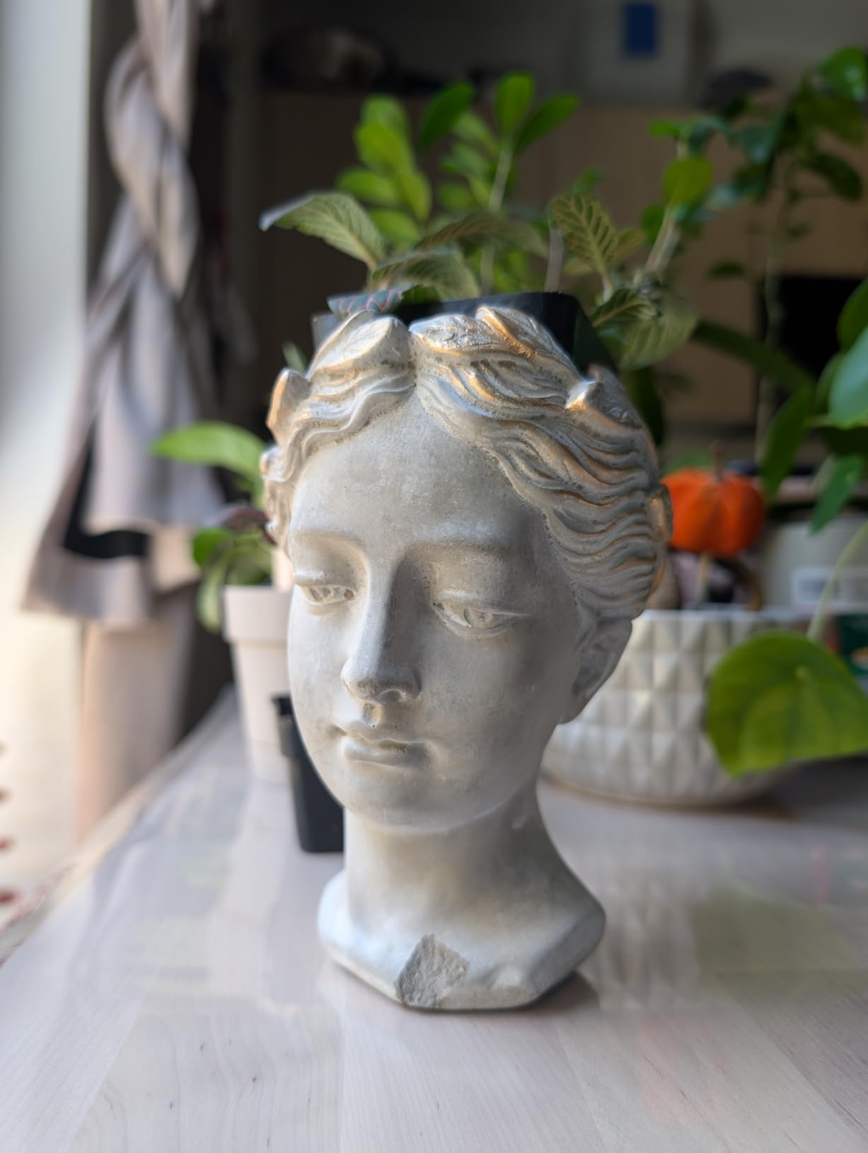 Abbott Collection Extra Small Woman Head Planter | Hand-Finished Greco-Roman Style, Cement, Gray, 6.5