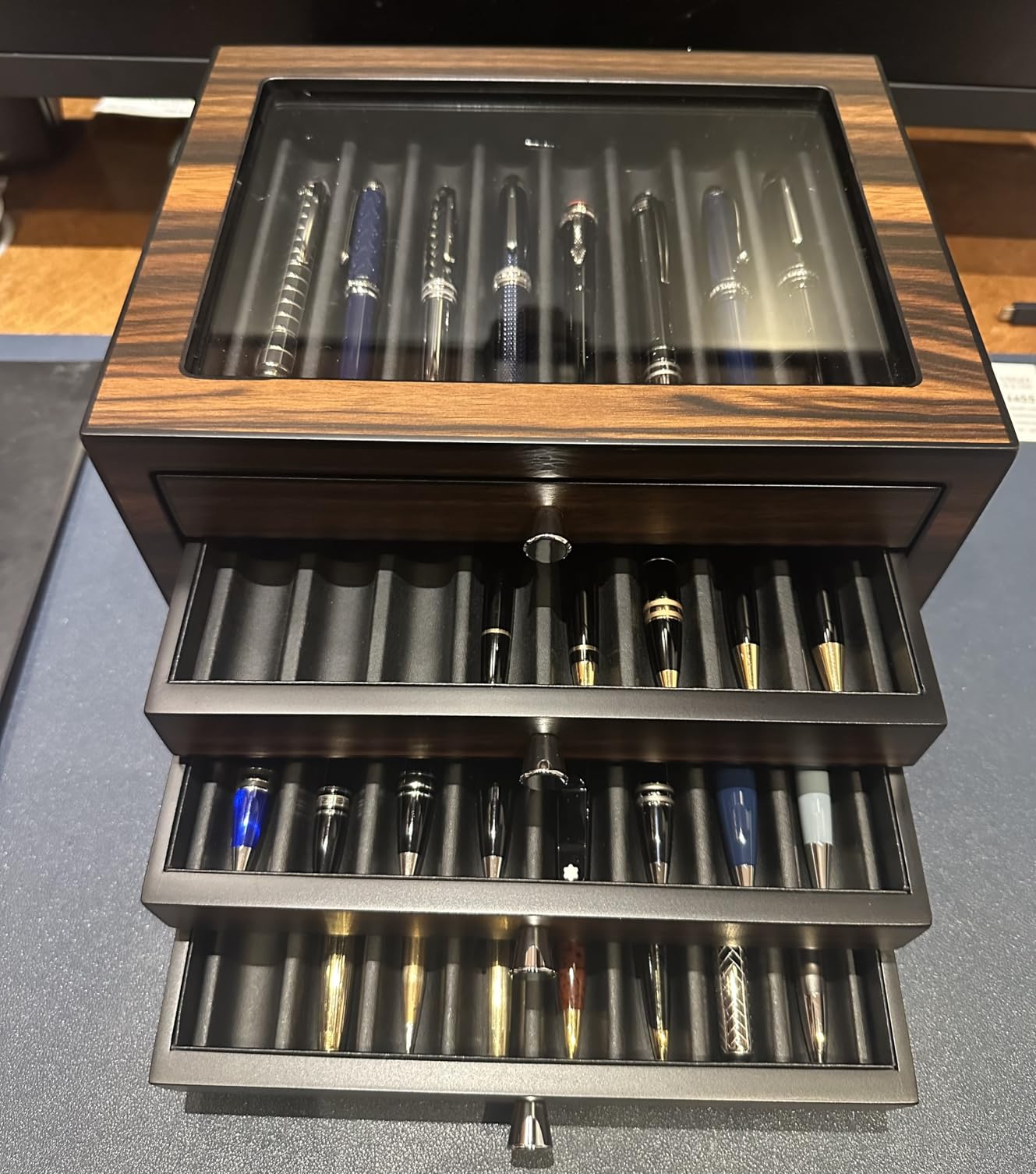 Stackable Wooden Display Case with Drawer - Slot Ebony Pen Cabinet, Luxury Fountain Pen Storage Box with Glass Window for Collection customer photo 2