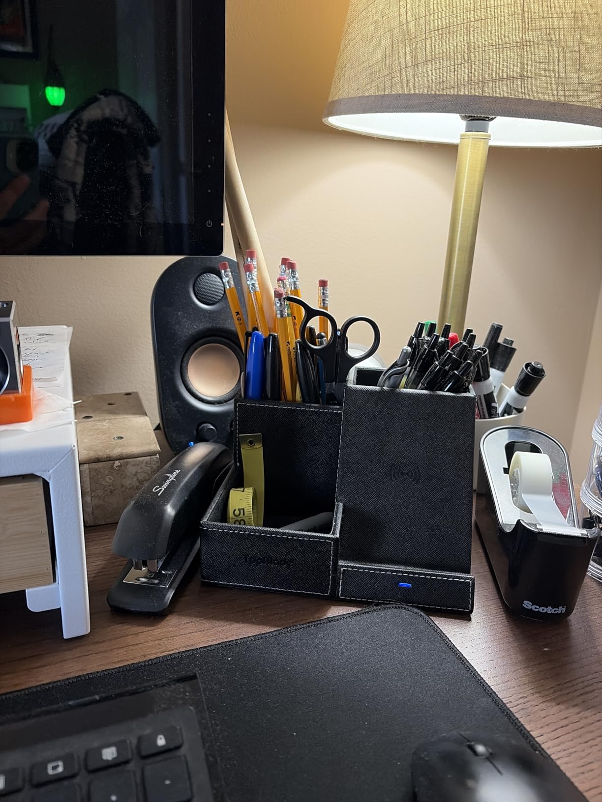 TopMade Wireless Charger with Desk Nightstand Organizer, PU Leather Pen Pencil Holder Fast Charging Station, Office Supplies for Iphone Charging Stand, Anniversary Birthday Gifts for Men(Black) customer photo 1