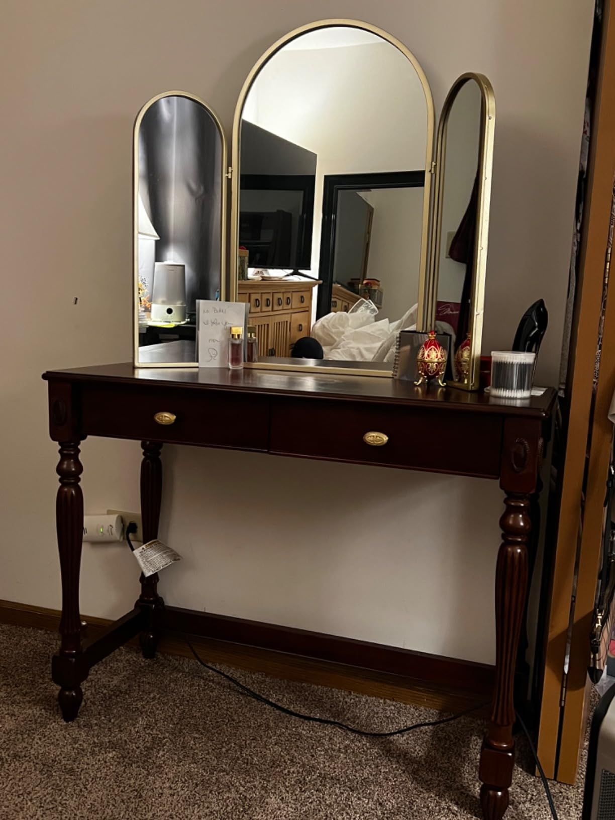 Solid Wood Computer Desk with 2 Drawers, Traditional Vanity Dressing Table, 46 Home Office Writing Desk, Workstation Easy Assembly Cherry Red Walnut BSZ1533WD customer photo 1