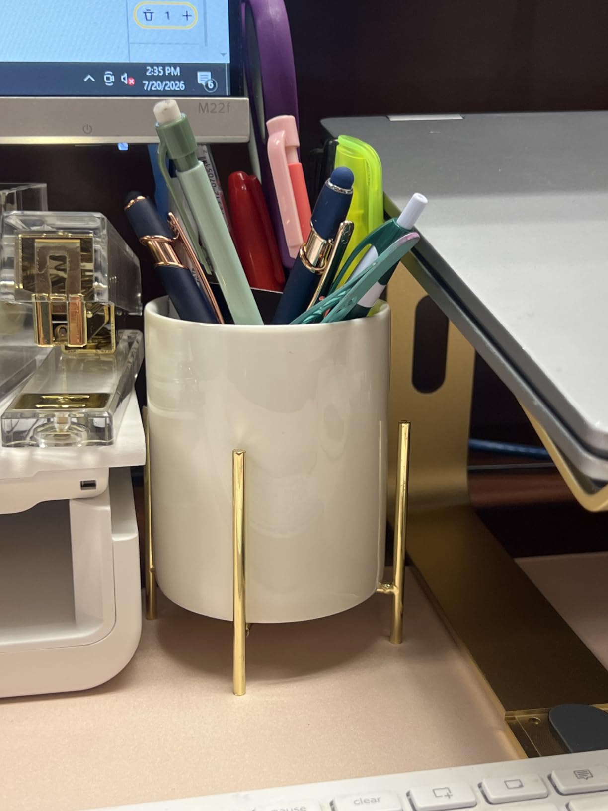 Gold pencil cup Sturdy metal frame with white ceramic pen holder For desks and kitchen appliance holders customer photo 1