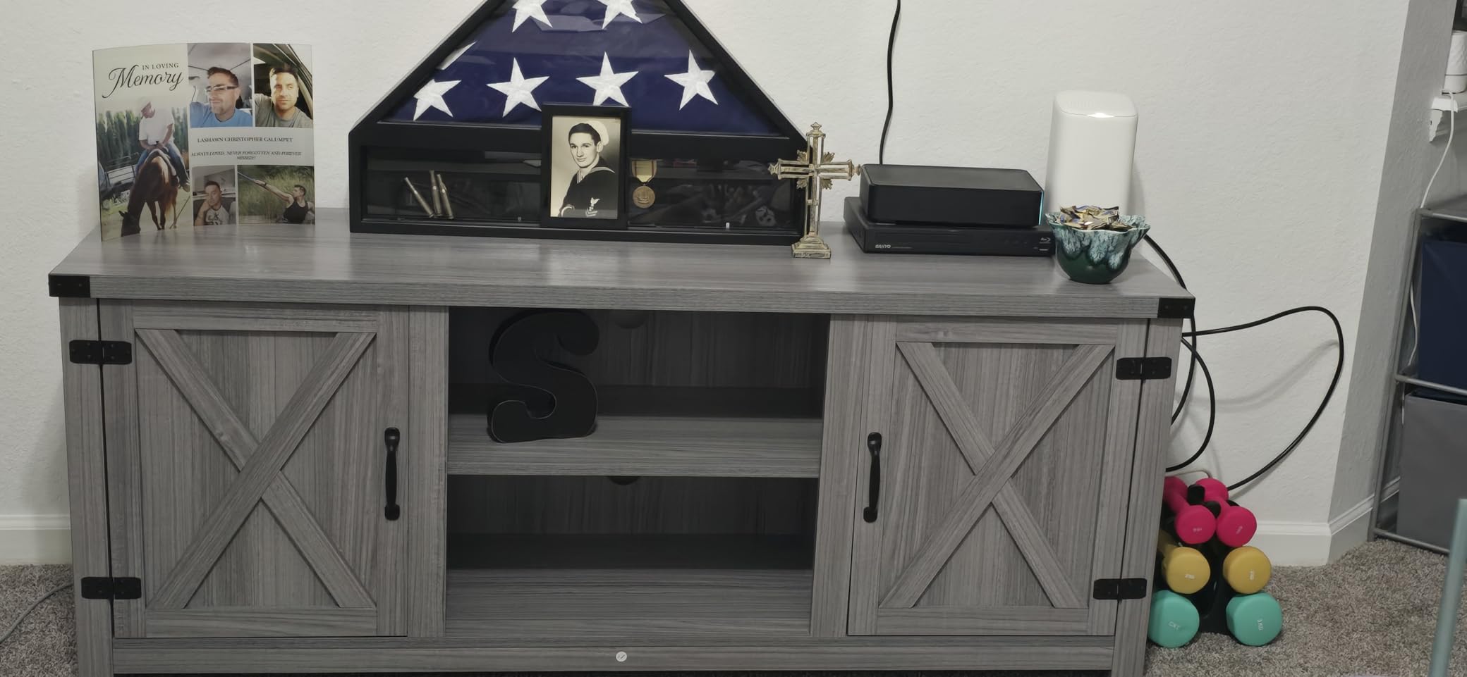 YESHOMY Modern Farmhouse TV Stand with Barn Door for 65 Inch TV, Gray Wash | Two Barn Doors and Storage Cabinets, 58 Inch Media Entertainment Center, Media Console Furniture for Living Room customer photo 2