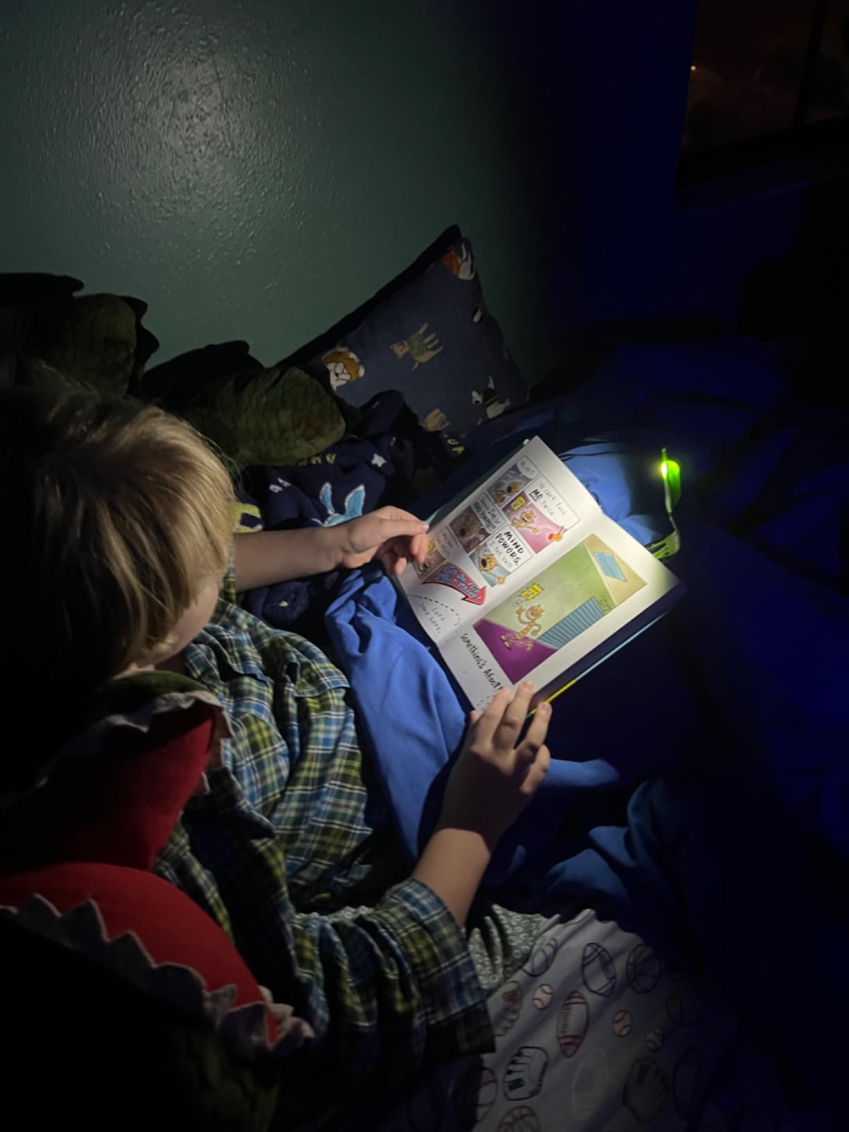 Gifts for Readers & Writers Book Light for Kids, Clip On Reading Light for Bed, 2in1 Flexilight Pals & Bookmark, Small & Lightweight with a Soft Glow, 2 Batteries Included, Robot Blue customer photo 1