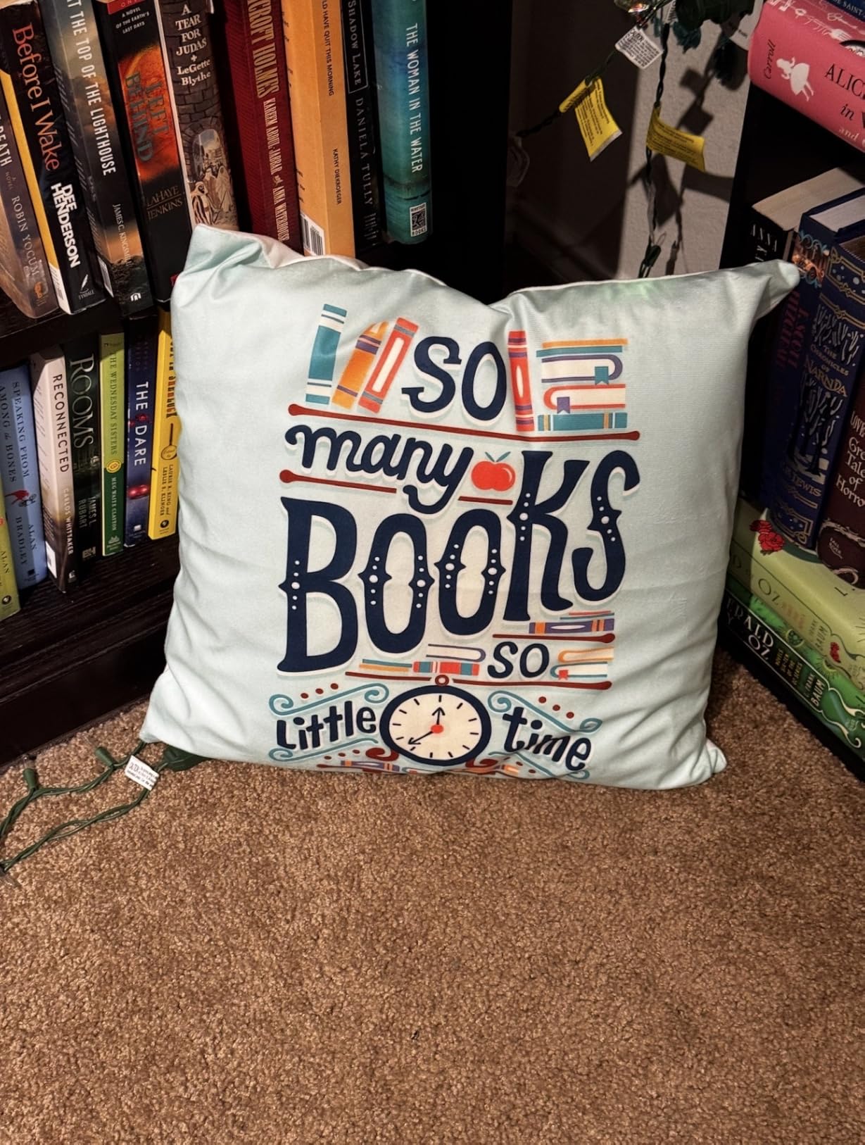 Funny Quotes 'So Many Books So Little Time' Throw Pillow Cover - Reading Club Decor, College Dormitory Cushion Cover for Sofa Bed Home Decor 18 x 18 Inch - Great Gift for Book Lovers customer photo 1
