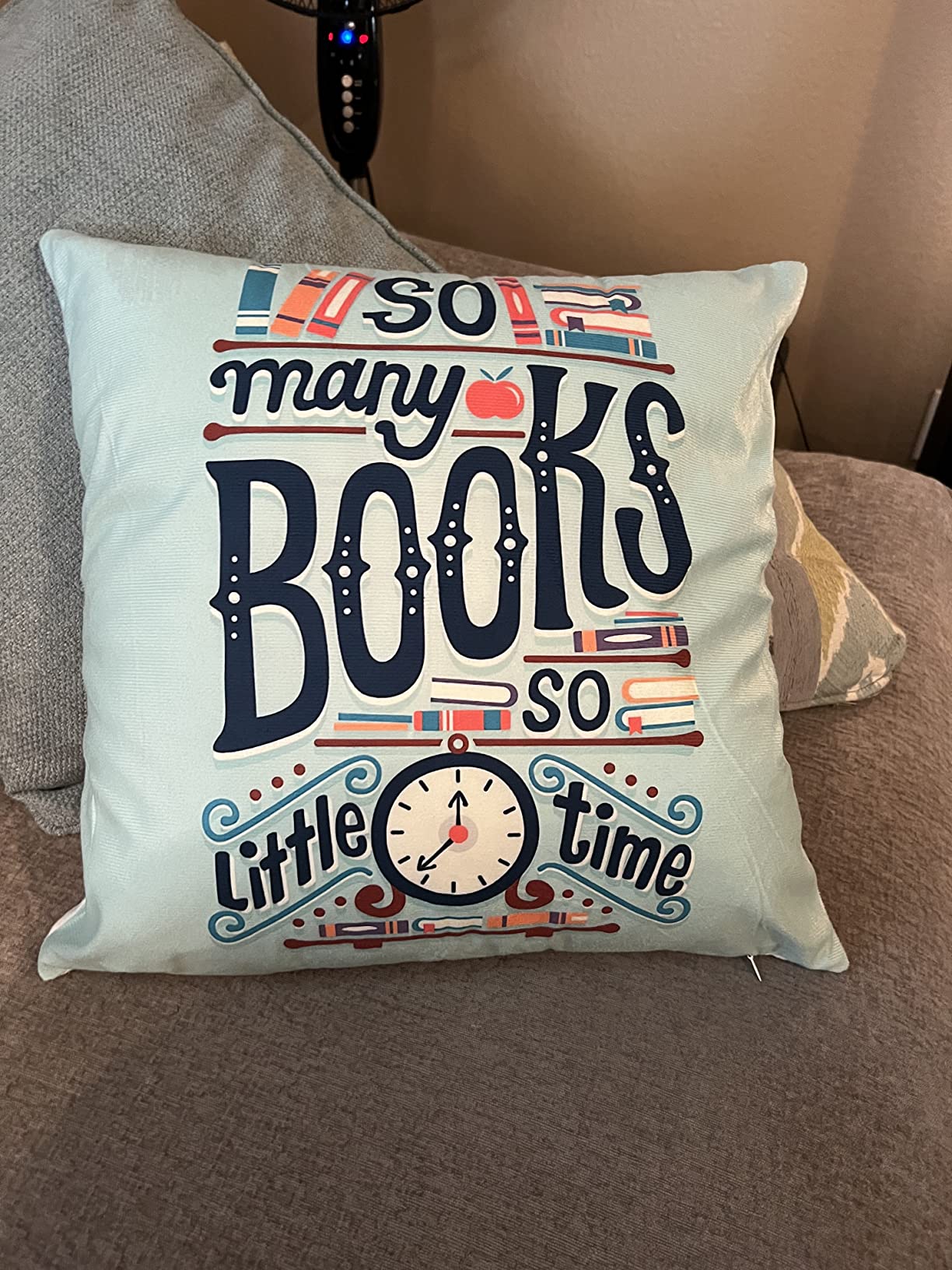 Funny Quotes 'So Many Books So Little Time' Throw Pillow Cover - Reading Club Decor, College Dormitory Cushion Cover for Sofa Bed Home Decor 18 x 18 Inch - Great Gift for Book Lovers customer photo 2