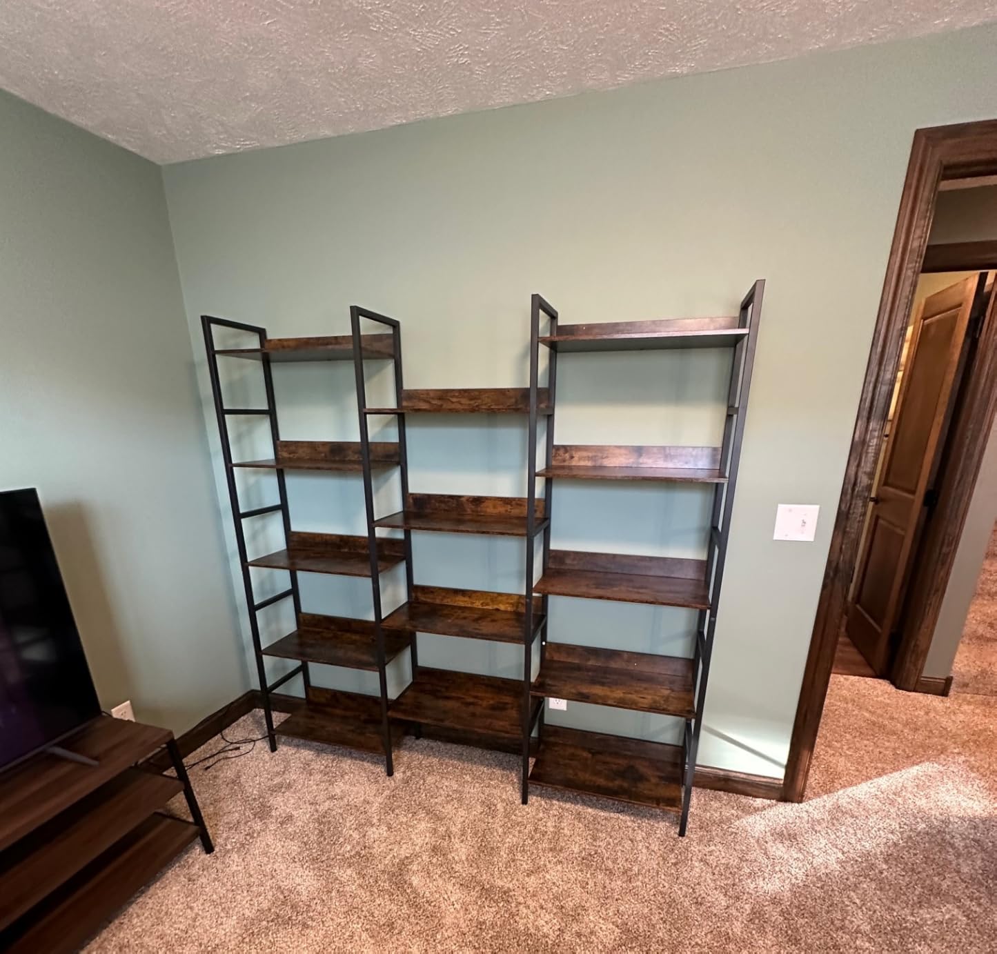 IRONCK Triple Wide 5-Tier Bookshelf with Metal Frame, Vintage Brown, Back Panels Prevent Items from Falling customer photo 2
