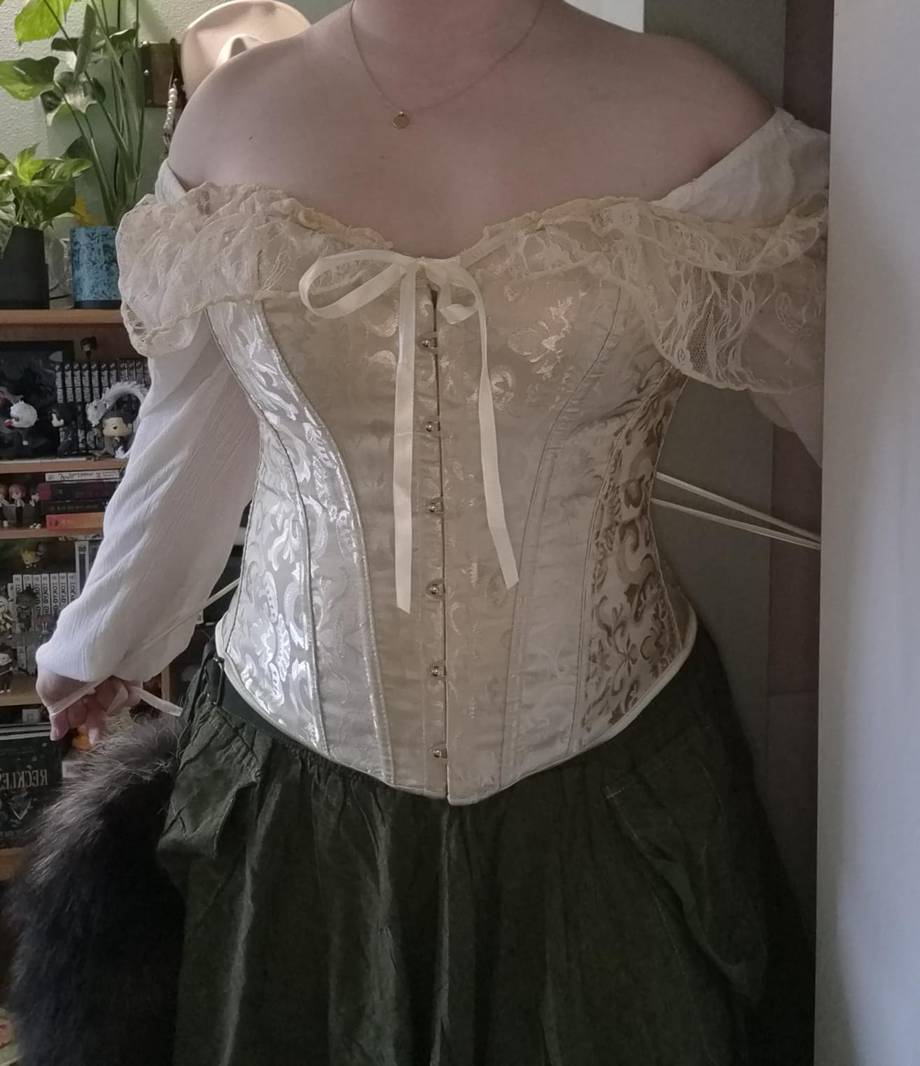 Corset Top for Women Renaissance Overbust Lace Up Bustier Corset Tops | Off Shoulder Floral Corset Top with Lace Sleeves for Renaissance Fair, Gothic, Steampunk, Pirate, Fairy, Halloween Costumes customer photo 1