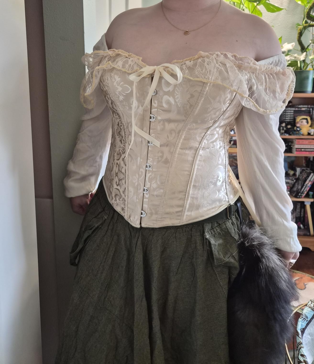 Corset Top for Women Renaissance Overbust Lace Up Bustier Corset Tops | Off Shoulder Floral Corset Top with Lace Sleeves for Renaissance Fair, Gothic, Steampunk, Pirate, Fairy, Halloween Costumes customer photo 2