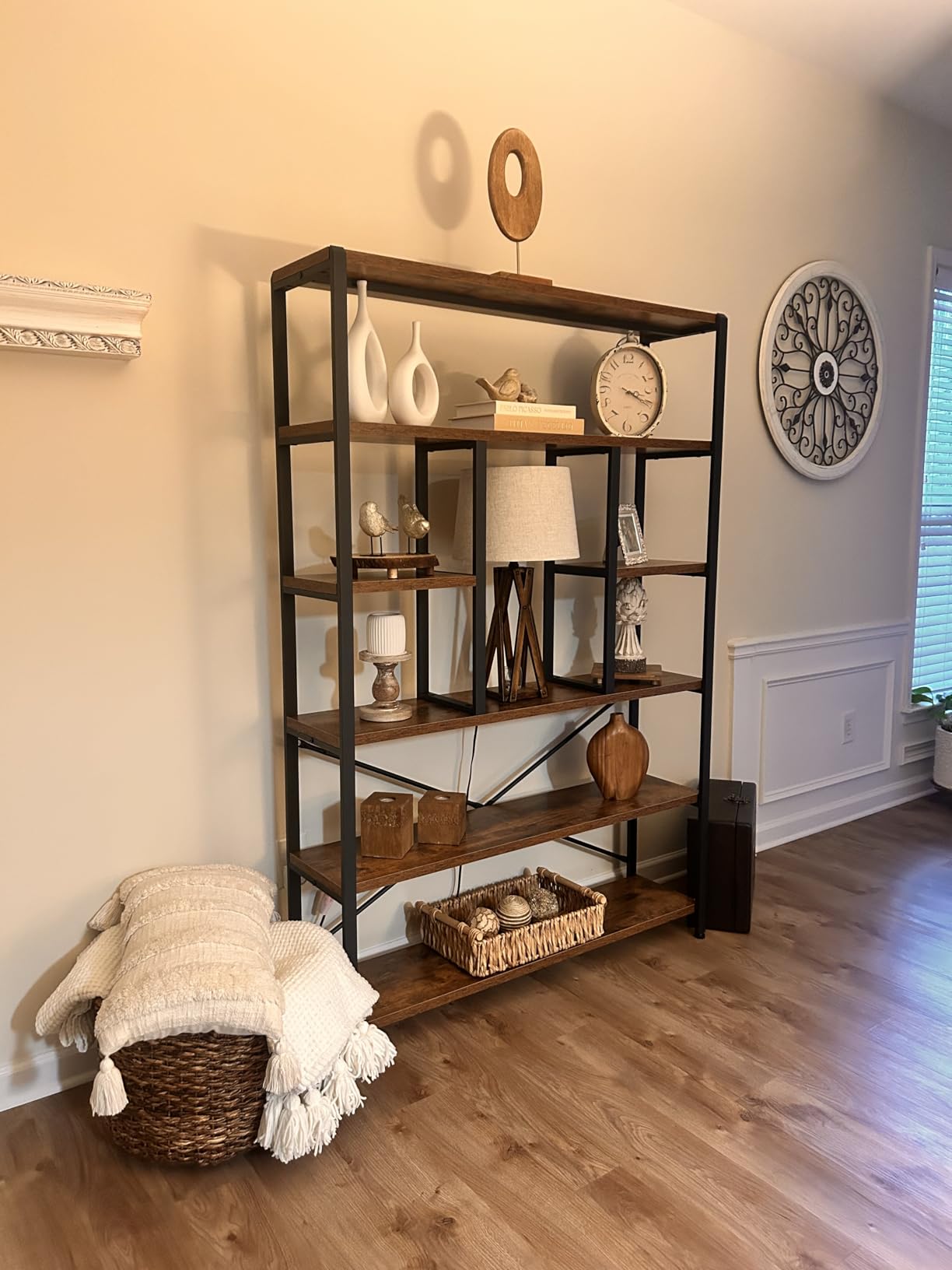 LVB 6 Tier Industrial Bookshelf for Bedroom Living Room Office, Rustic Oak | Modern Wood and Metal Tall Bookshelf, Farmhouse Large Wide 6 Shelf Etagere Bookcase, Vertical Display book shelves customer photo 2