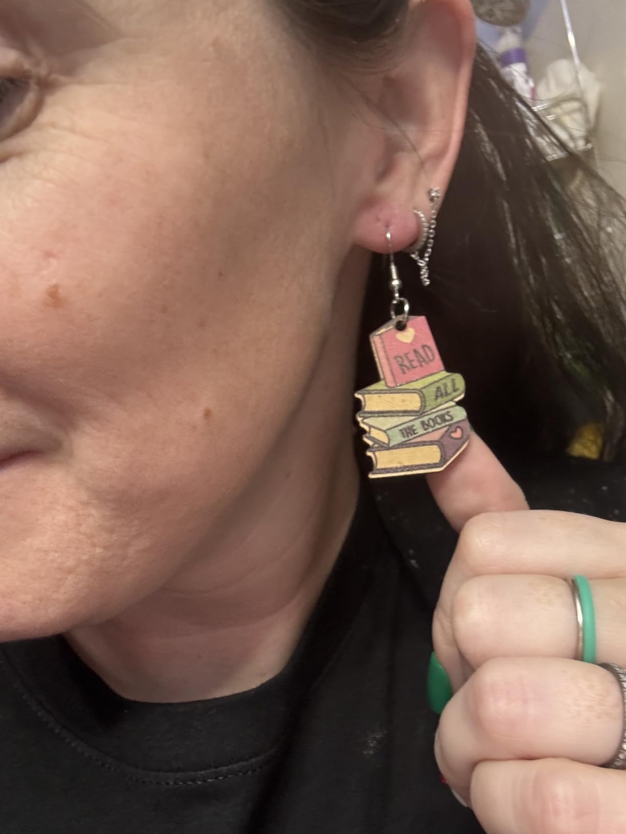 Funny Wooden Stackable Book Pencil Drop Dangle Earrings Stack of Books for Women Classic Librarian Teacher Student Graduation Back to School Jewelry customer photo 1