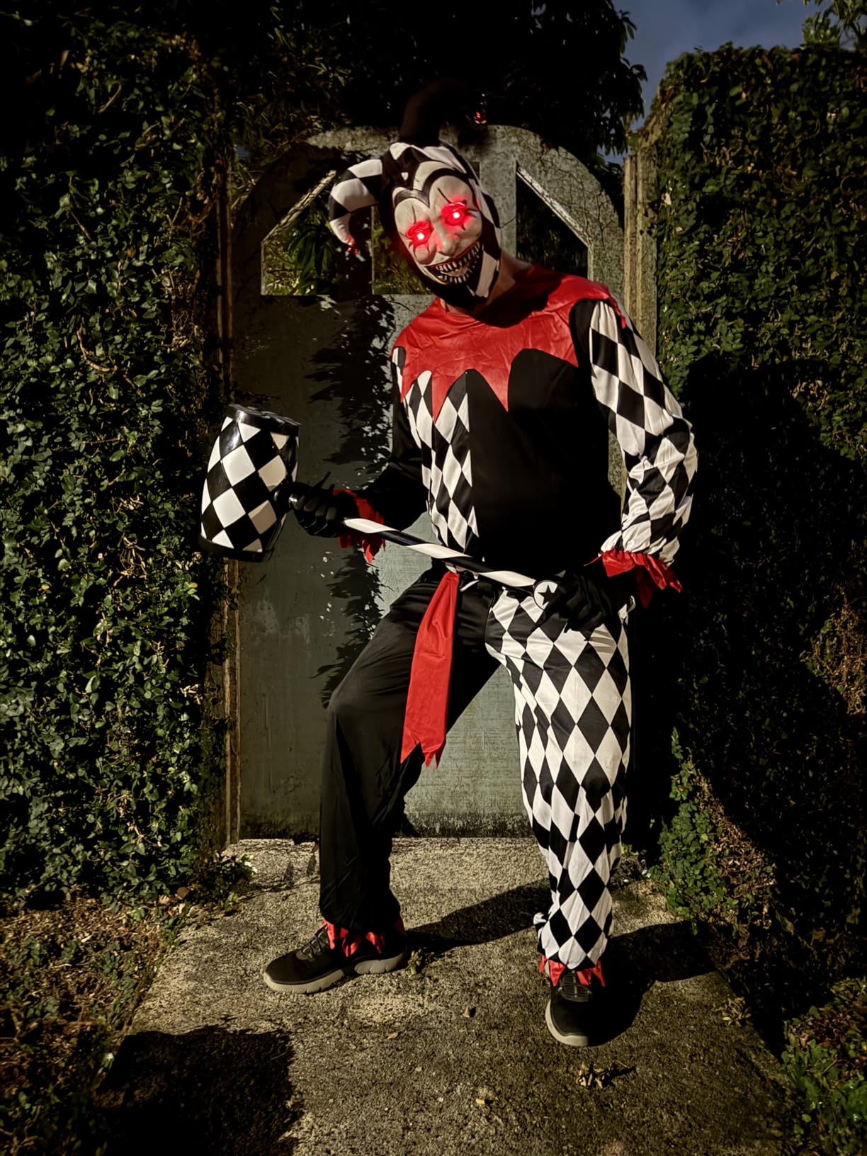 Morph, Jester Costume Men, Halloween Costumes for Men | Black, White Diamond Print Top, Matching Pants, Red Tie Belt, Gloves Included, Perfect for Halloween, Great for Dress-Up customer photo 1