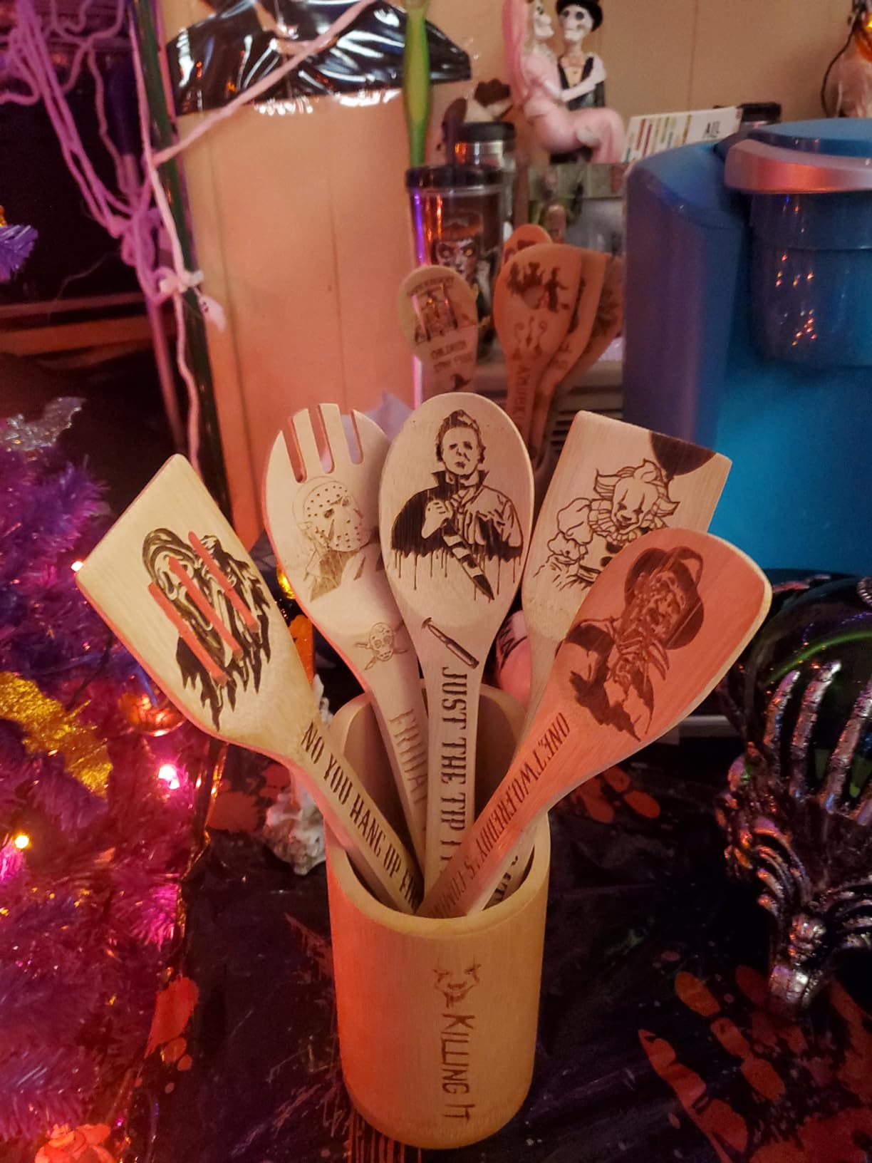 6Pcs Horror Movie Character Cooking Gift Set Wooden Spoons Utensils with Matching Holder customer photo 2