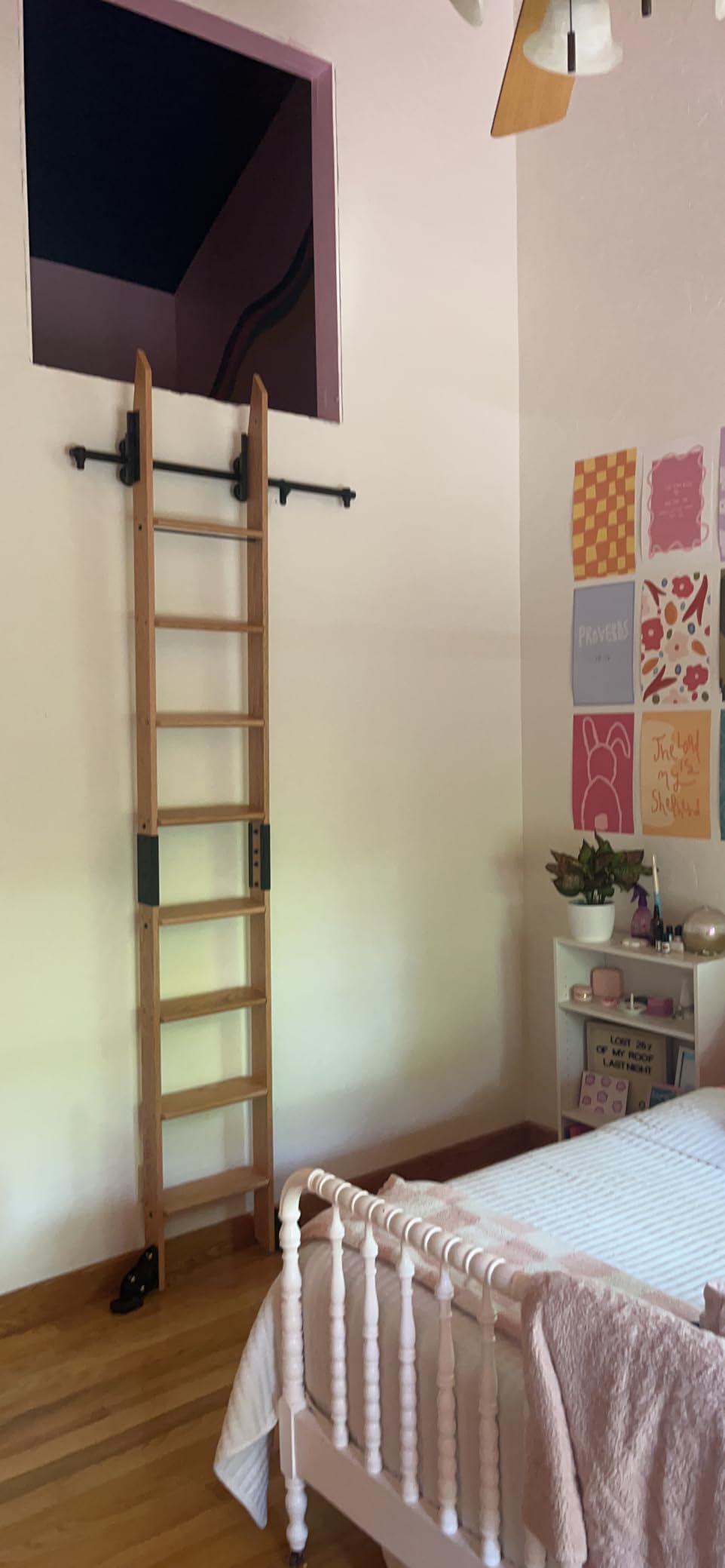 9FT Rolling Library Ladder Kit with 3.3ft Hardware | Solid red oak construction, telescopic upper roller ensures smooth rolling. Sturdy and functional for library or home customer photo 1
