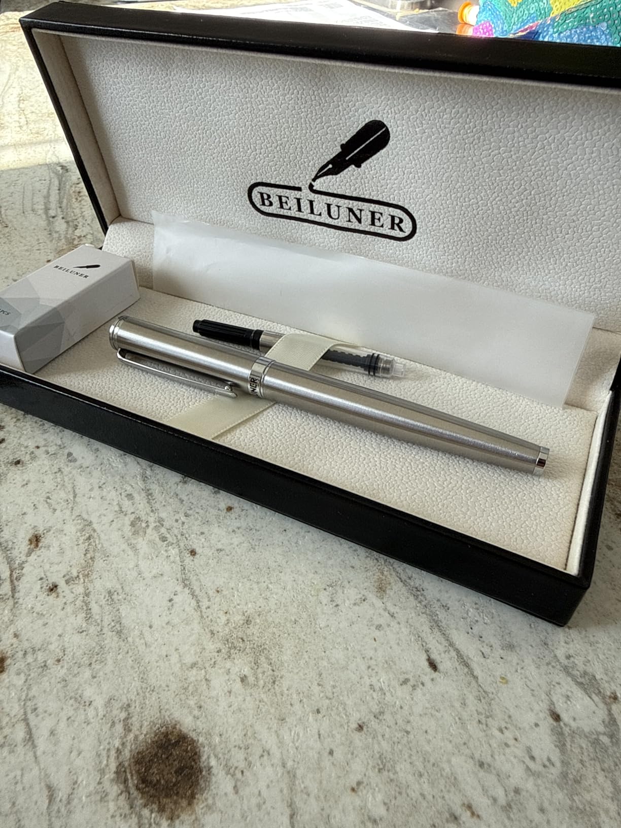 BEILUNER Luxury Fountain Pen Set, Solid 24K Gilded Medium Nib, Modern Classic Limited Edition - Includes 6 Ink Cartridges & Ink Refill Converter with Gift Case (Charming Blue) customer photo 2