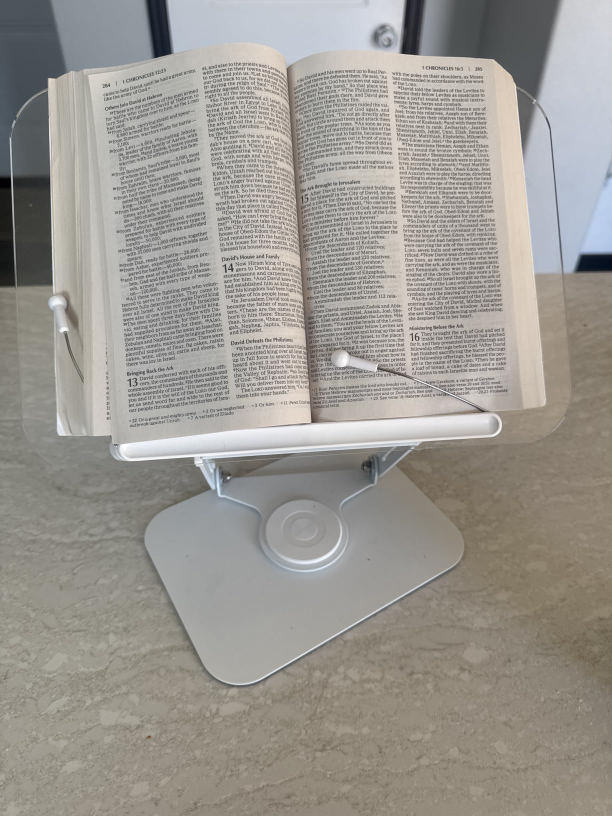BYMECOST Acrylic Book Stand for Reading, Adjustable Book Holder with 360° Rotating Base & Elastic Page Clips, Foldable Desktop Riser Stand for Cookbook, Laptop, Tablet, Music Scores, Recipe, Textbook customer photo 2