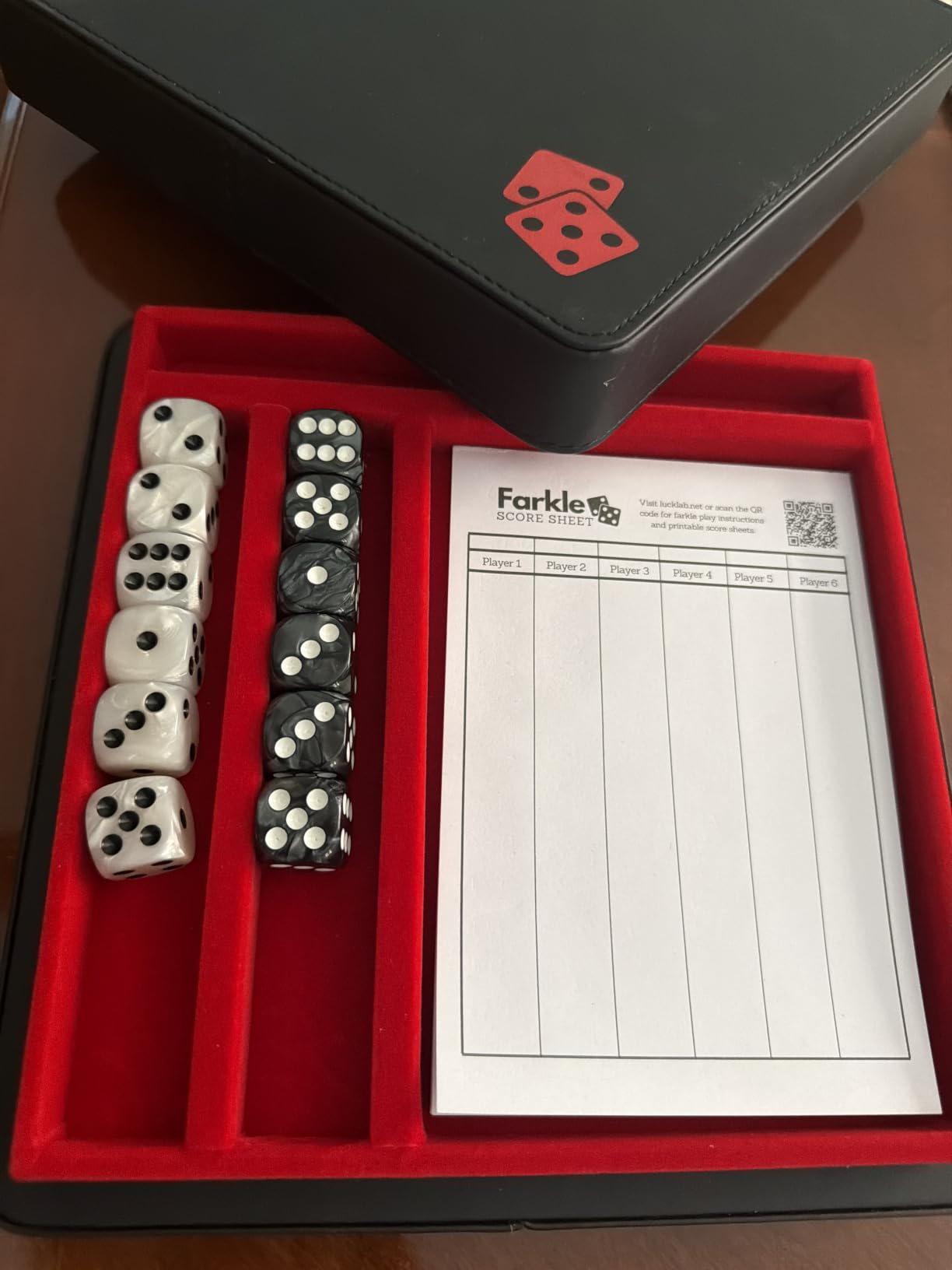 Luck Lab Farkle Dice Tray and Storage Case - Includes Embedded Scoring Combinations, 2 Sets of 6 Pearl Dice, 40 Sheet Score Pad and Pen Holder for The Classic Family Game (Brown) customer photo 1