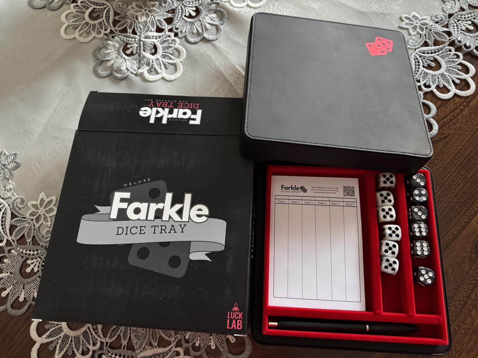 Luck Lab Farkle Dice Tray and Storage Case - Includes Embedded Scoring Combinations, 2 Sets of 6 Pearl Dice, 40 Sheet Score Pad and Pen Holder for The Classic Family Game (Brown) customer photo 2