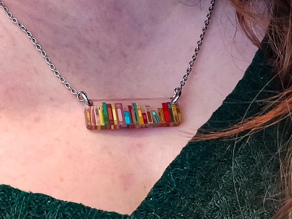 Bookshelf Bar Necklace 18 in with Books on a Shelf Patterned Acrylic Literary for Teacher, Librarian or Bibliophile that Loves Reading customer photo 1