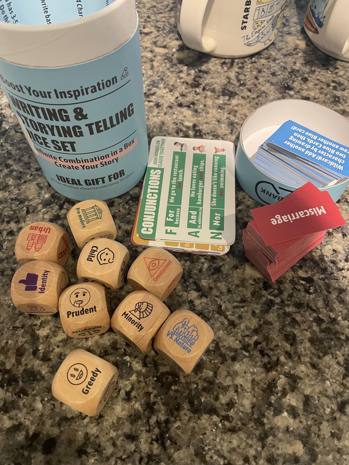 Garybank Writing Prompt Dice for Writers and Students to Get Inspiration | 9 Dice, Wooden Made, 13 Writing Skill Cards, 100 Character Cards, 100 Event Cards, Millions of Variations, Gifts for Writers customer photo 1