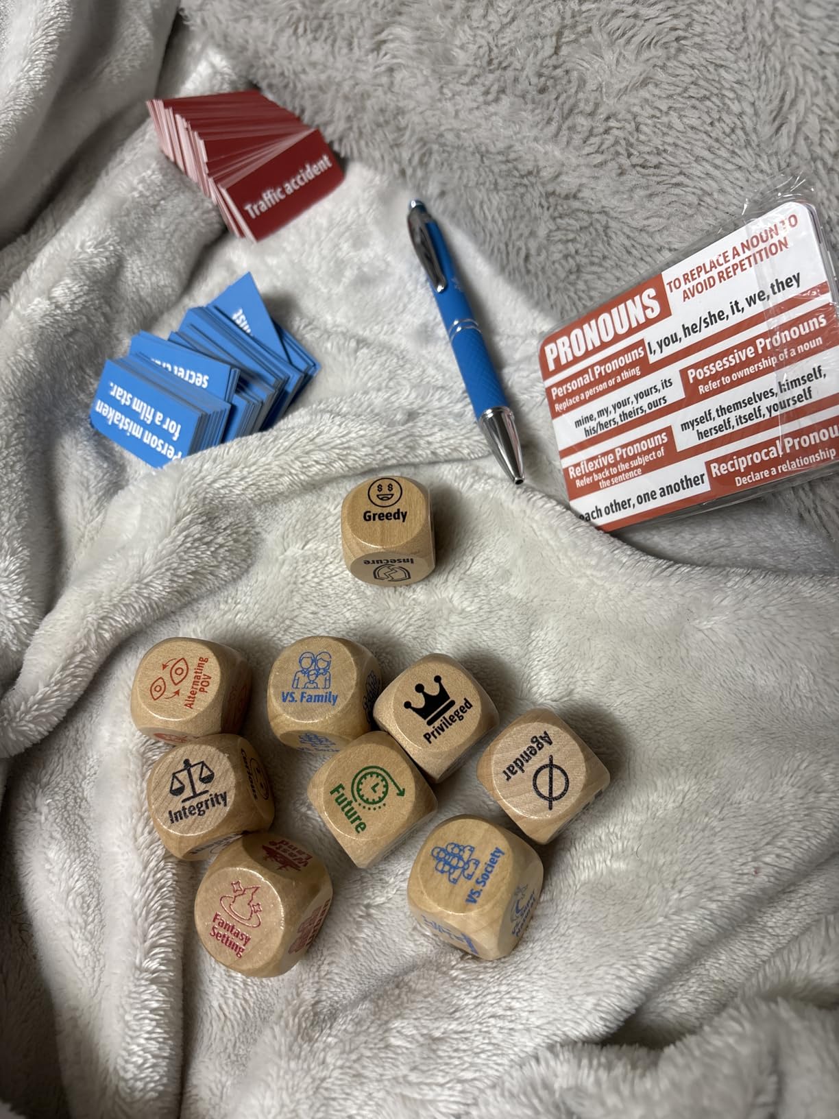 Garybank Writing Prompt Dice for Writers and Students to Get Inspiration | 9 Dice, Wooden Made, 13 Writing Skill Cards, 100 Character Cards, 100 Event Cards, Millions of Variations, Gifts for Writers customer photo 2