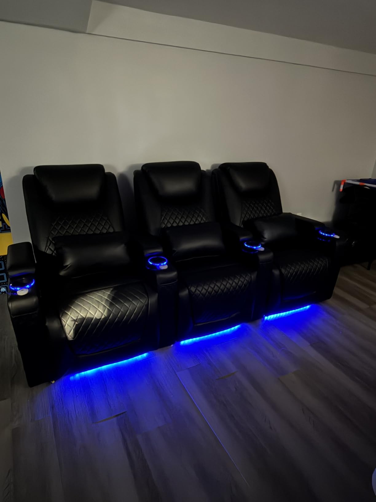 Airadlis Home Theater Seating Seats, Theater Recliner Chair Sofa Game Movie Theater Chairs with 7 Colors Ambient Lighting, Lumbar Pillow, Side Pocket, Tray Table, Power Recline, Black customer photo 1