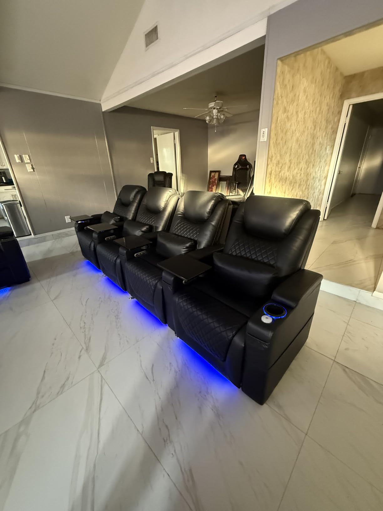 Airadlis Home Theater Seating Seats, Theater Recliner Chair Sofa Game Movie Theater Chairs with 7 Colors Ambient Lighting, Lumbar Pillow, Side Pocket, Tray Table, Power Recline, Black customer photo 2