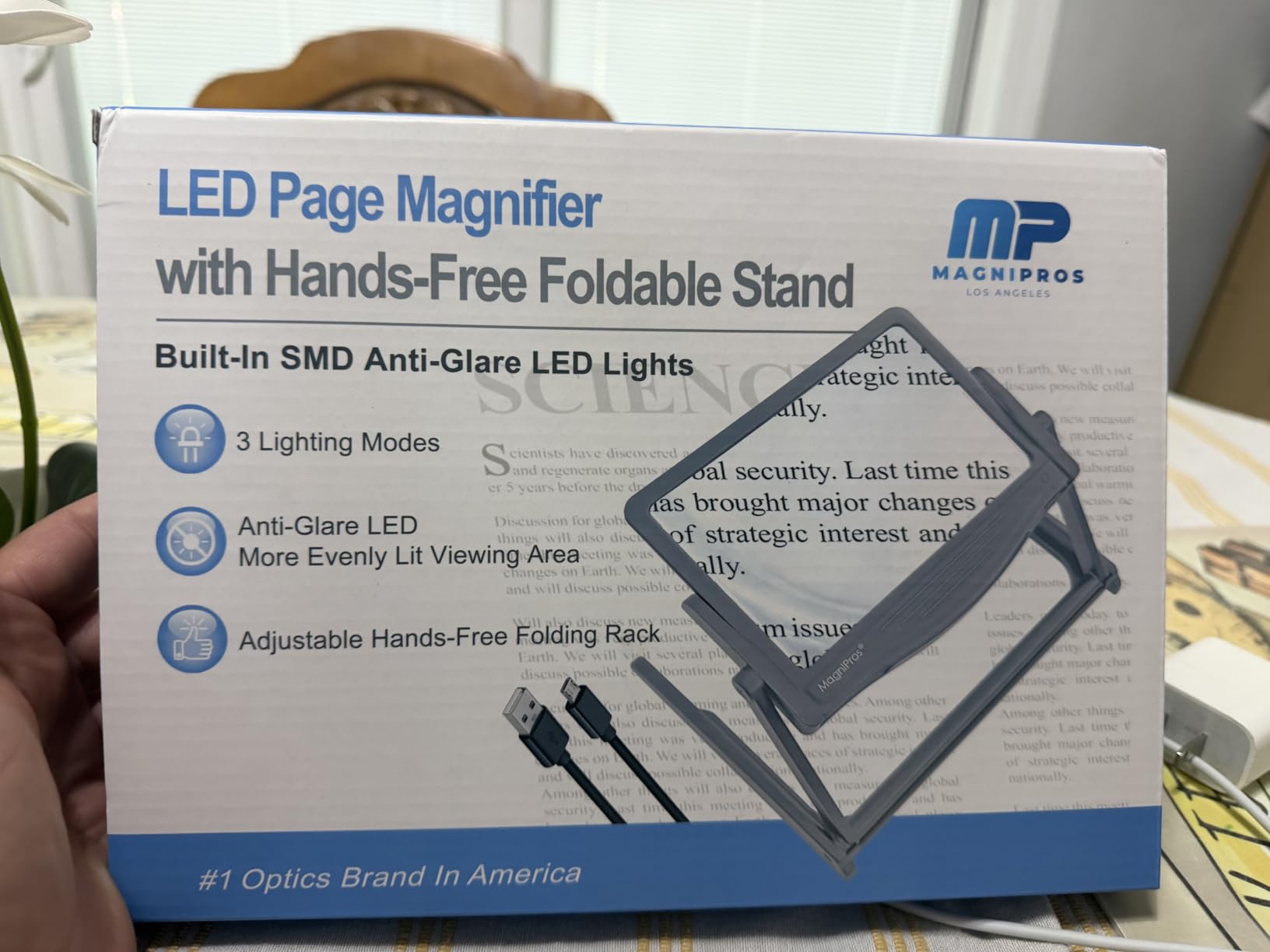MAGNIPROS Patented 5X [Rechargeable] LED Page Magnifier with Foldable Stand | Eye Caring 3-Color Light Modes & Anti-Glare Lens for Reading Fine Print, Crafting, Low Vision & Seniors customer photo 1