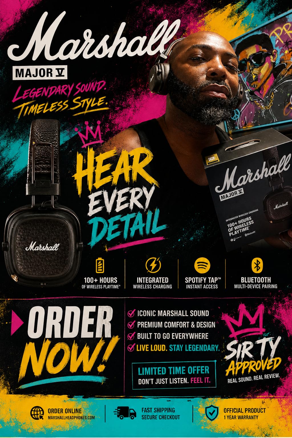 Marshall Major V Wireless On-Ear Bluetooth Headphones - 100+ Hr Playtime, Detachable Audio Cable, Microphone for Calls, Lightweight, Foldable Design for Travel - Black customer photo 2