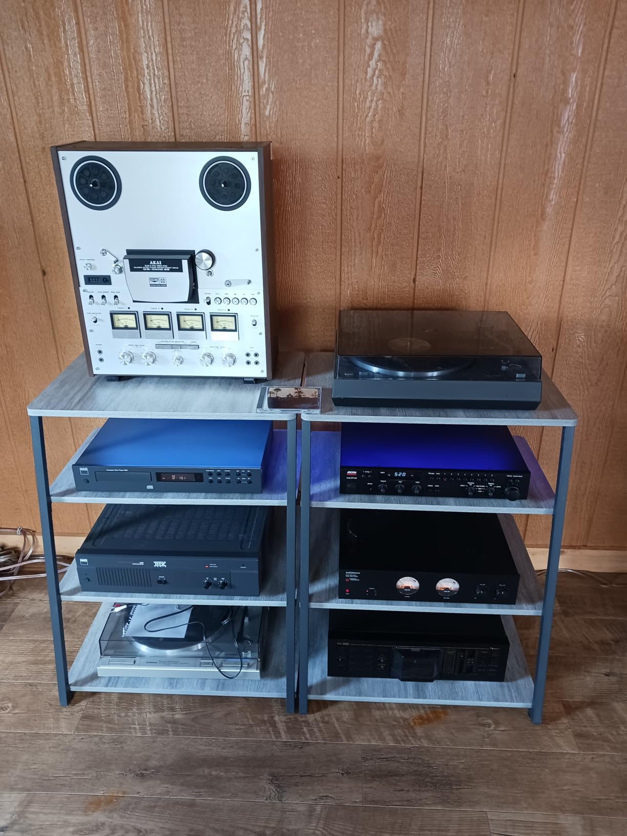 Besiost AV Media Stand with Outlets, Media Console with LED Lights, Stereo Racks and Stands with Storage Shelves, Media Audio Tower Stand, Light Grey Walnut customer photo 1