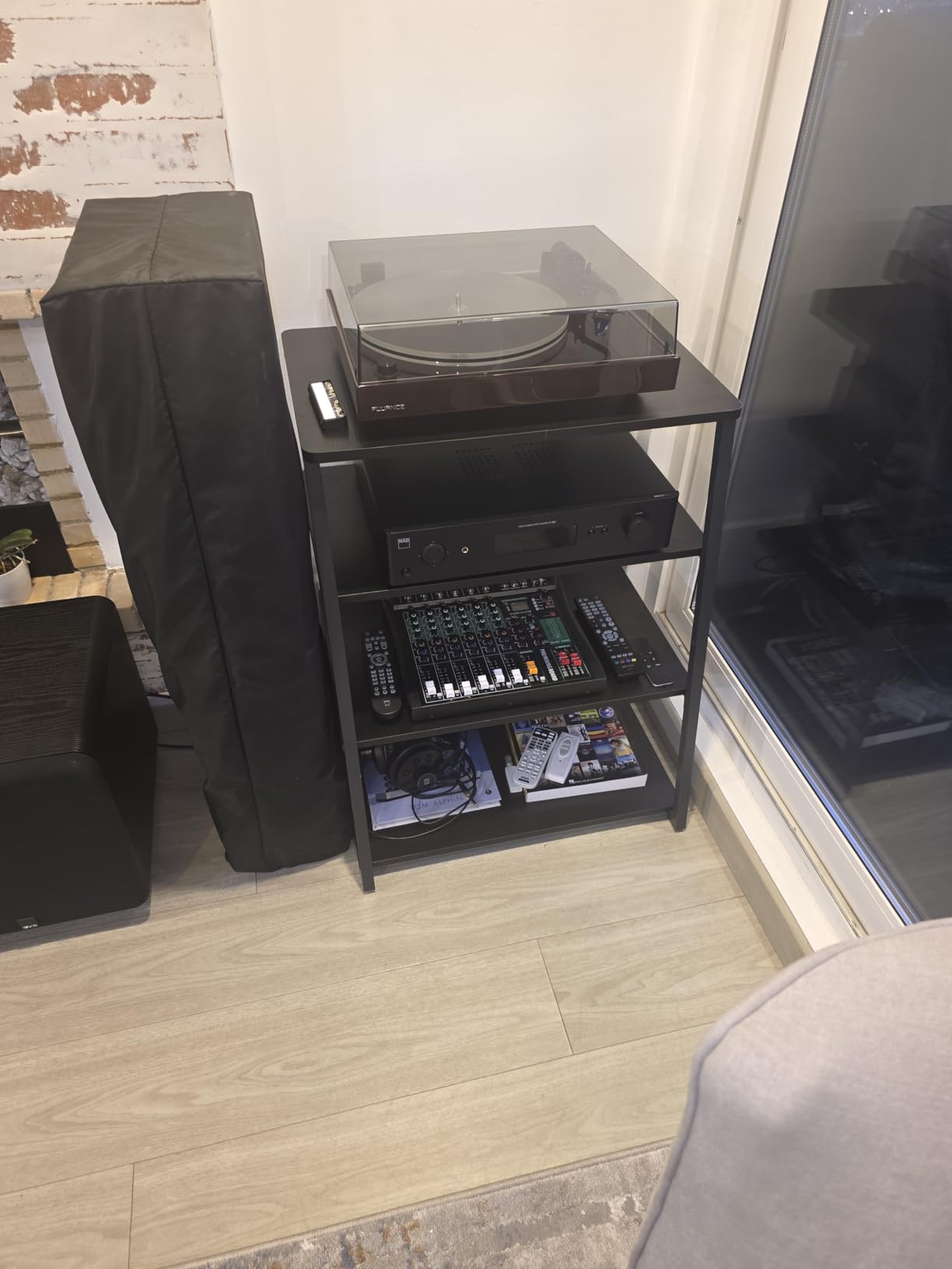 Besiost AV Media Stand with Outlets, Media Console with LED Lights, Stereo Racks and Stands with Storage Shelves, Media Audio Tower Stand, Light Grey Walnut customer photo 2
