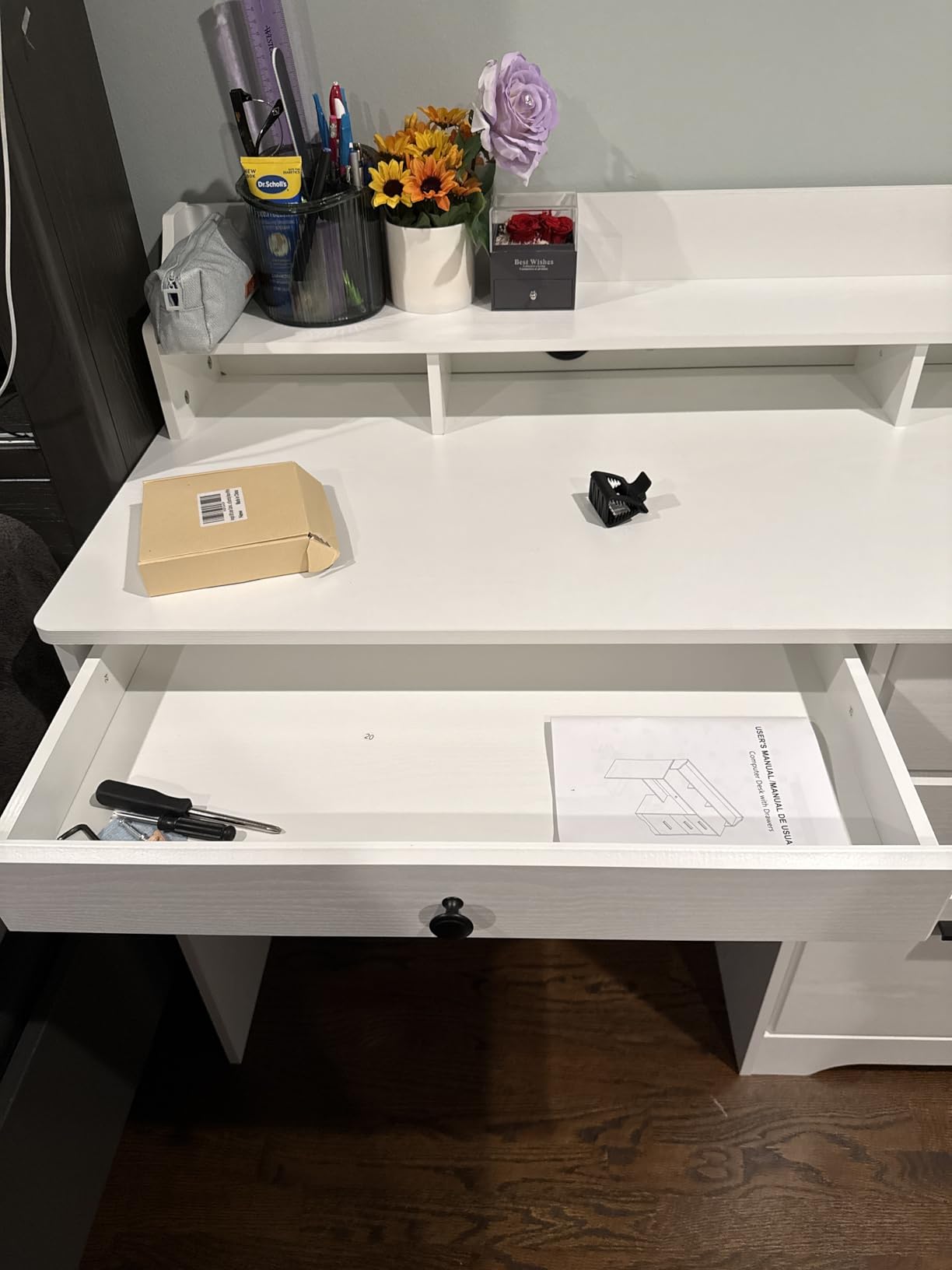 White Desk with Drawers, Small Desk with File Drawer and Monitor Stand | 44 Inch Computer Desk with Shelves for Writing Study, Office Desk with Storage for Bedroom, Small Spaces customer photo 1