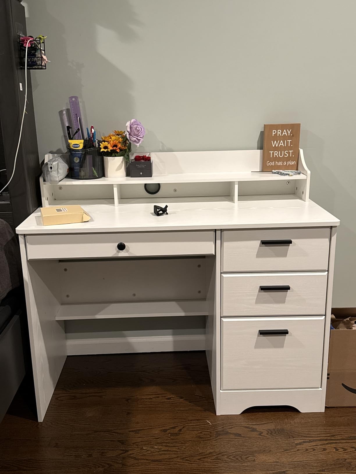 White Desk with Drawers, Small Desk with File Drawer and Monitor Stand | 44 Inch Computer Desk with Shelves for Writing Study, Office Desk with Storage for Bedroom, Small Spaces customer photo 2