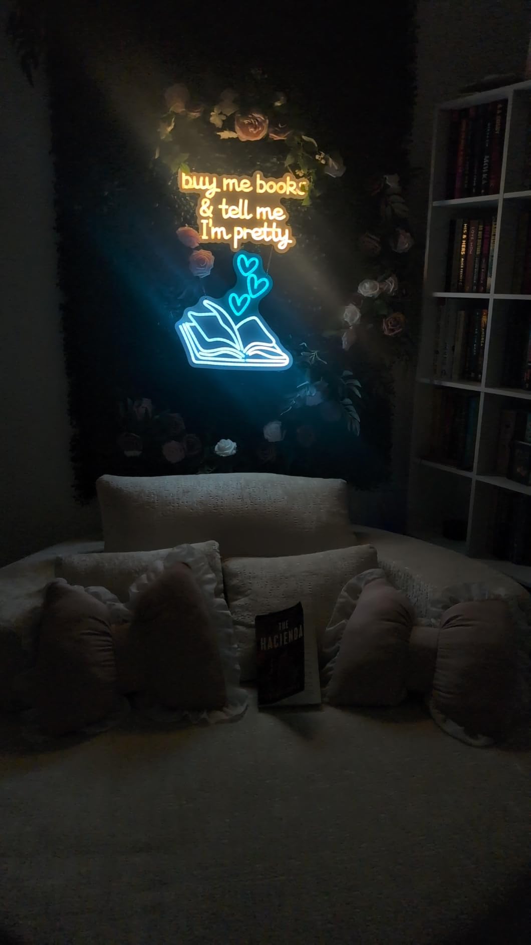 Reading Book Neon Sign, Reading Corner Library Book Lover Wall Decor | Open book and blue hearts bring a calm, uplifting glow to reading spaces customer photo 1