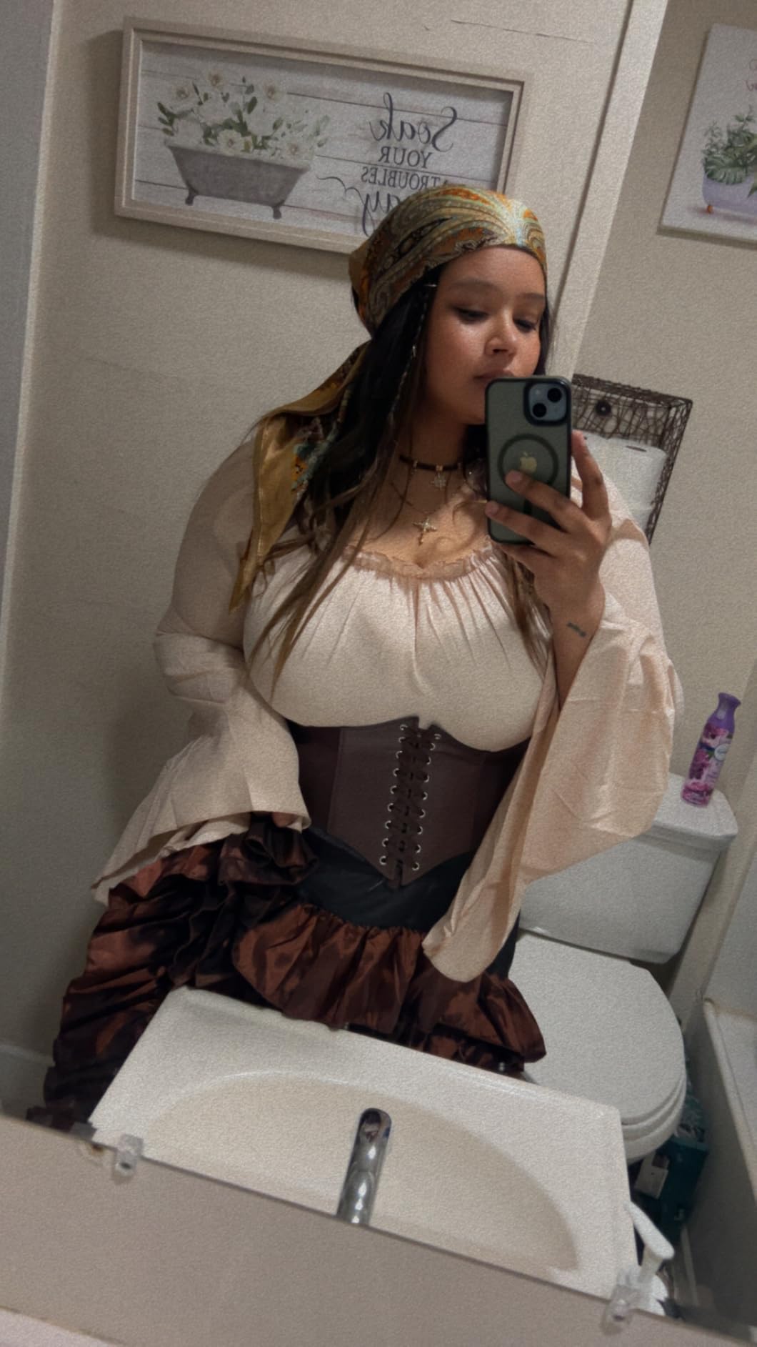 Verceco Pirate Costume Women Outfit with Renaissance Pirate Shirt Skirt Corset Waist Belt Womens Halloween Pirate Costumes (Beige+Brown, L) customer photo 1