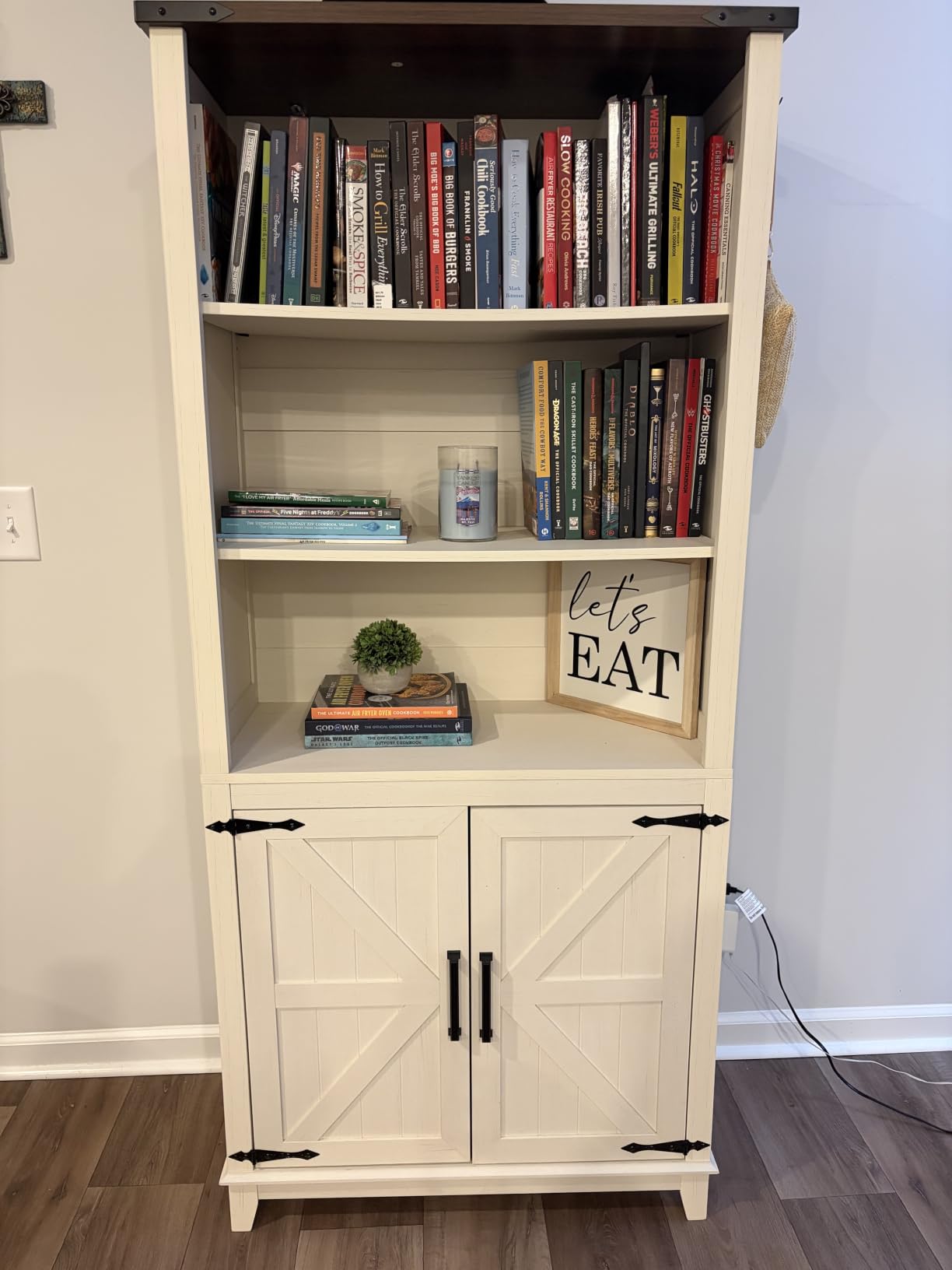 Joaxswe 70in Tall Bookshelf 5 Tier Bookcase with Barn Doors and Adjustable Shelves, Brown Farmhouse Book Shelf with Storage Cabinet customer photo 2
