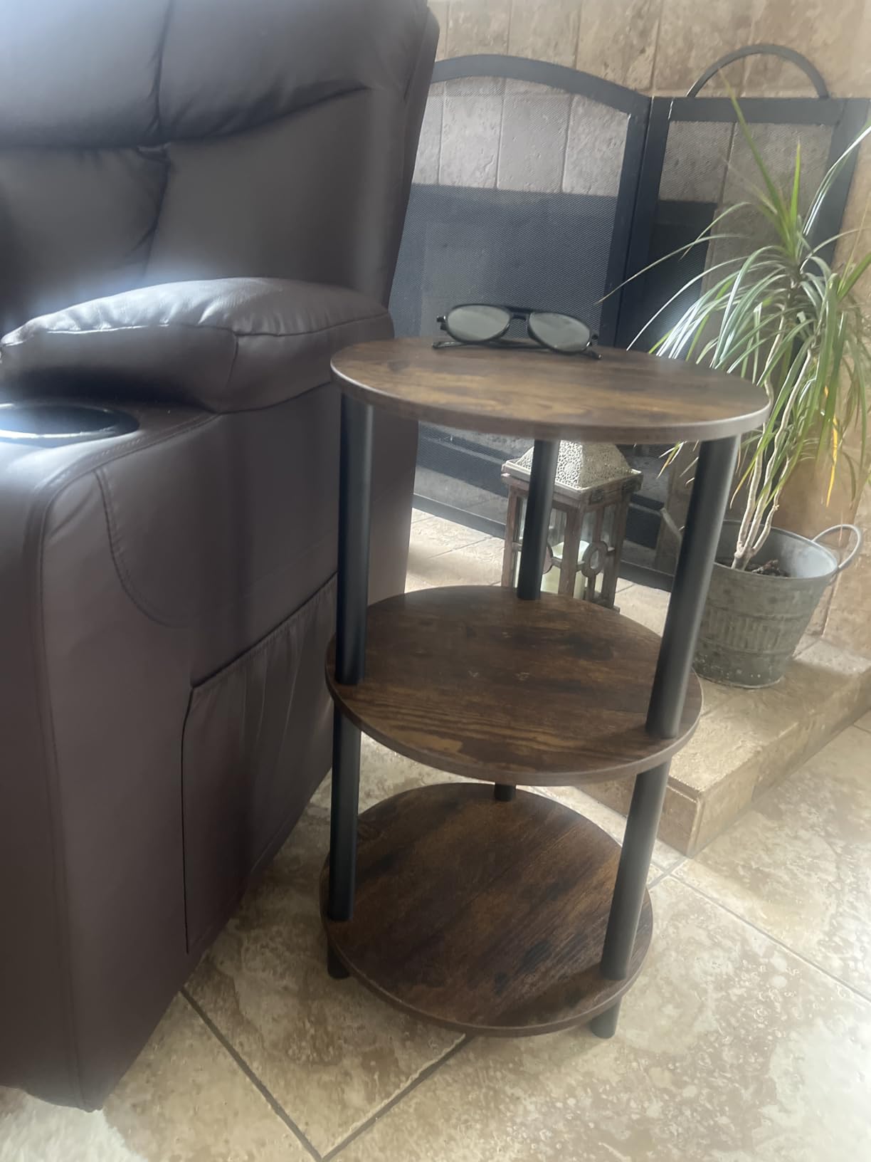 XBurmo Small Round Coffee Table - 3 Tier Design Accent Table, Narrow Side or Bedside Stand, Industrial Vintage Nightstand for Bedroom, Living Room, or Small Spaces, Rustic Brown customer photo 1