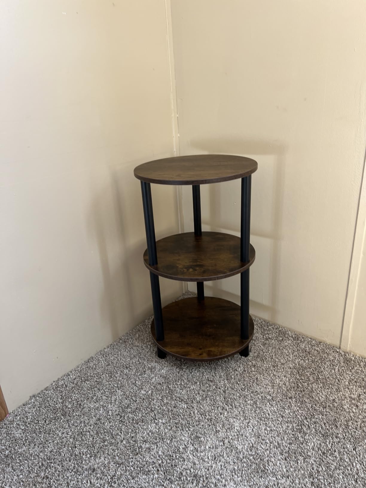 XBurmo Small Round Coffee Table - 3 Tier Design Accent Table, Narrow Side or Bedside Stand, Industrial Vintage Nightstand for Bedroom, Living Room, or Small Spaces, Rustic Brown customer photo 2