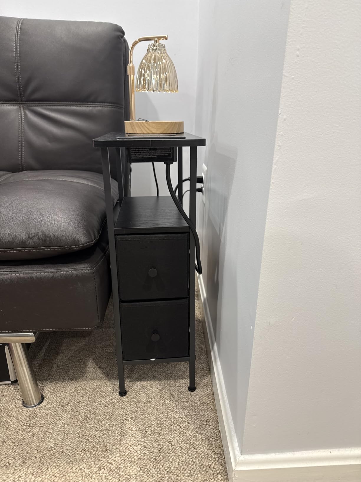 Narrow End Table with Charging Station, Small Nightstand | Skinny Side Tables Living Room with 2 Fabric Drawers, Slim Bedside Table for Bedroom, Small Spaces, Couch, Black customer photo 1