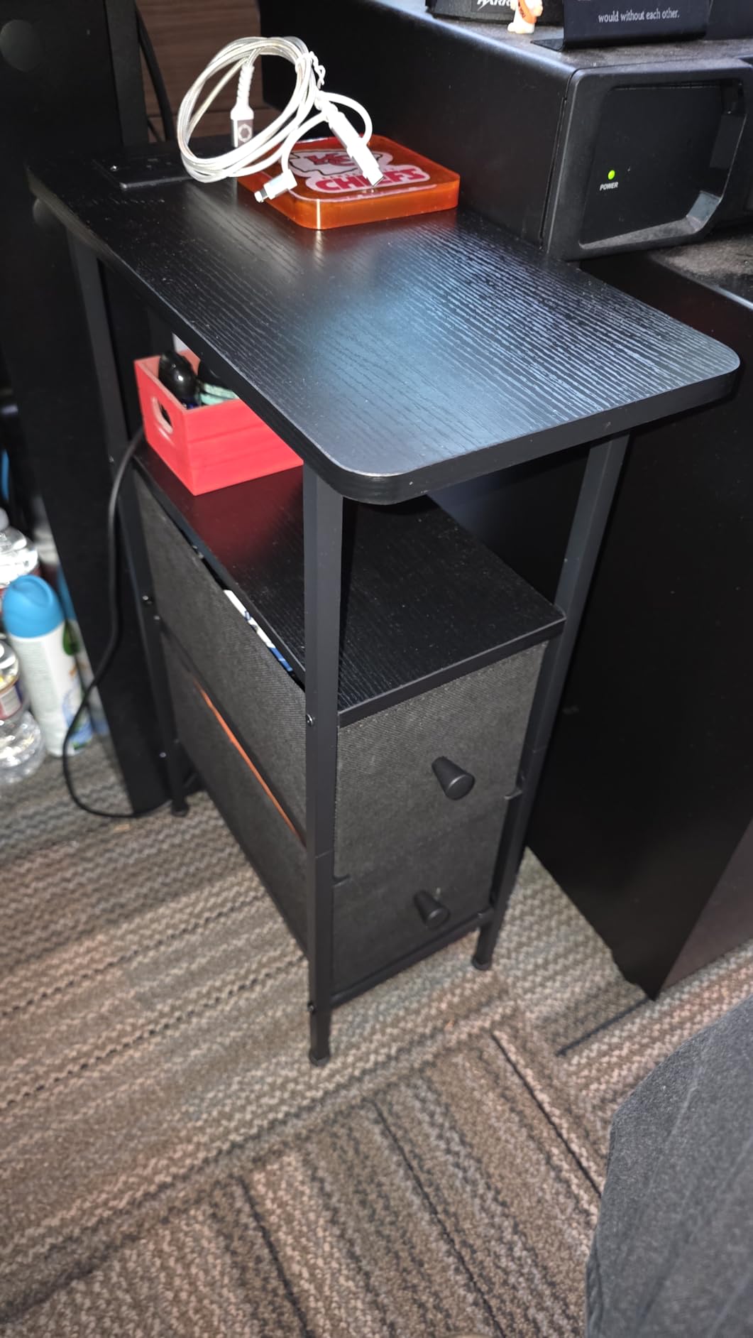 Narrow End Table with Charging Station, Small Nightstand | Skinny Side Tables Living Room with 2 Fabric Drawers, Slim Bedside Table for Bedroom, Small Spaces, Couch, Black customer photo 2